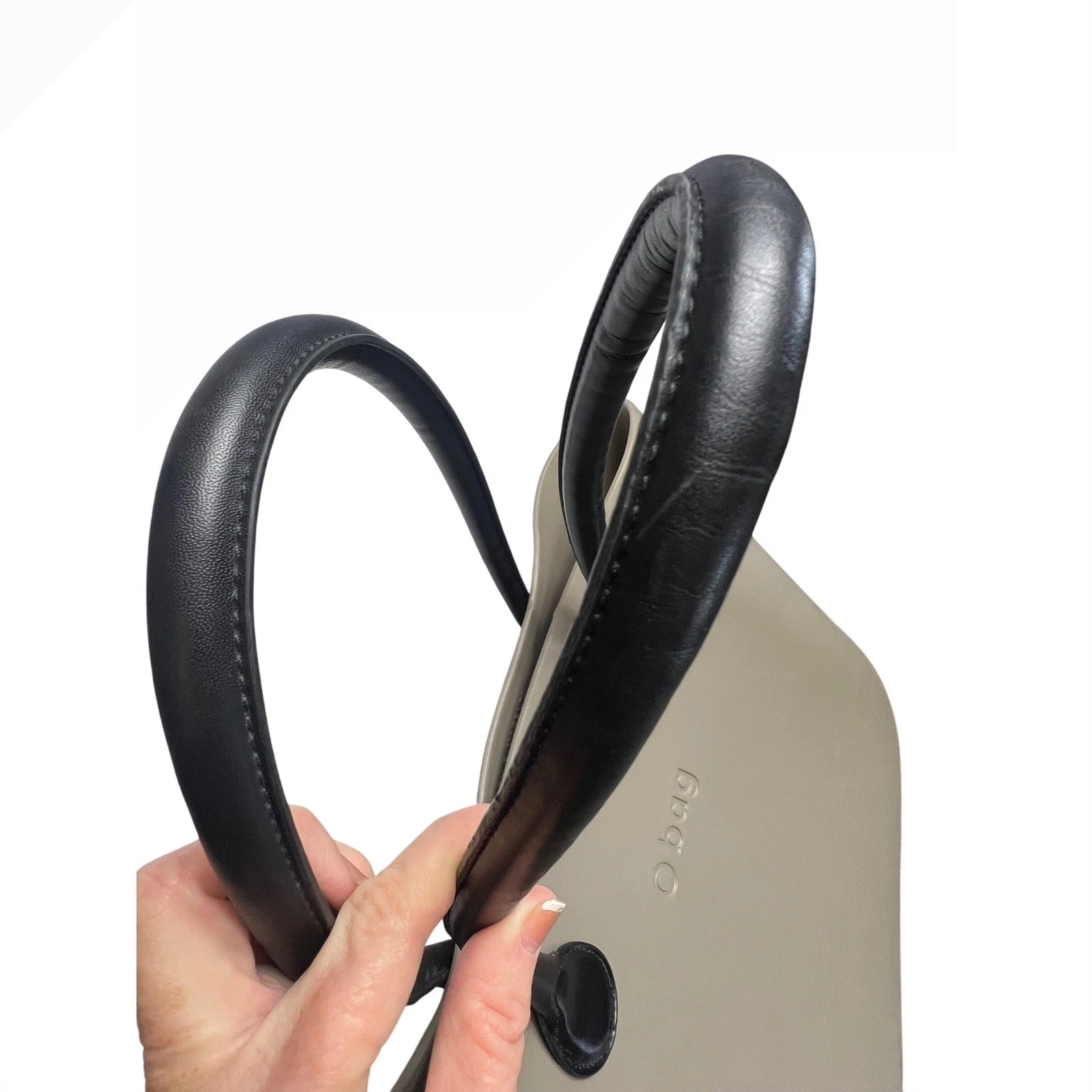 O bag Taupe Rubber Tote Bag with Black Faux Leather Handles - O Bag