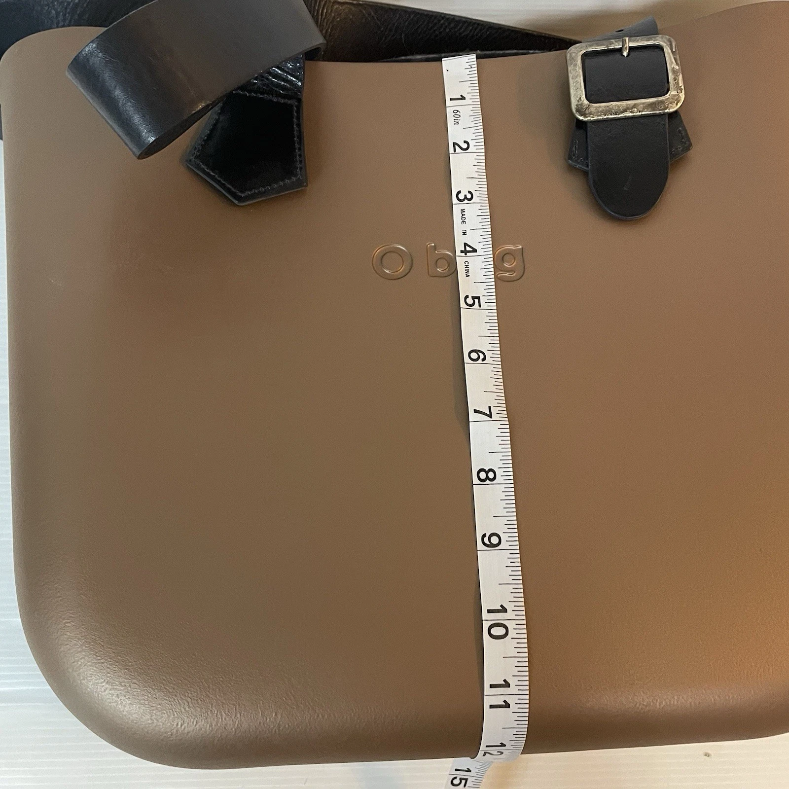 O Bag Italy Tan With Black Leather Straps Plaid Felt Liner Large Tote Bag - O Bag