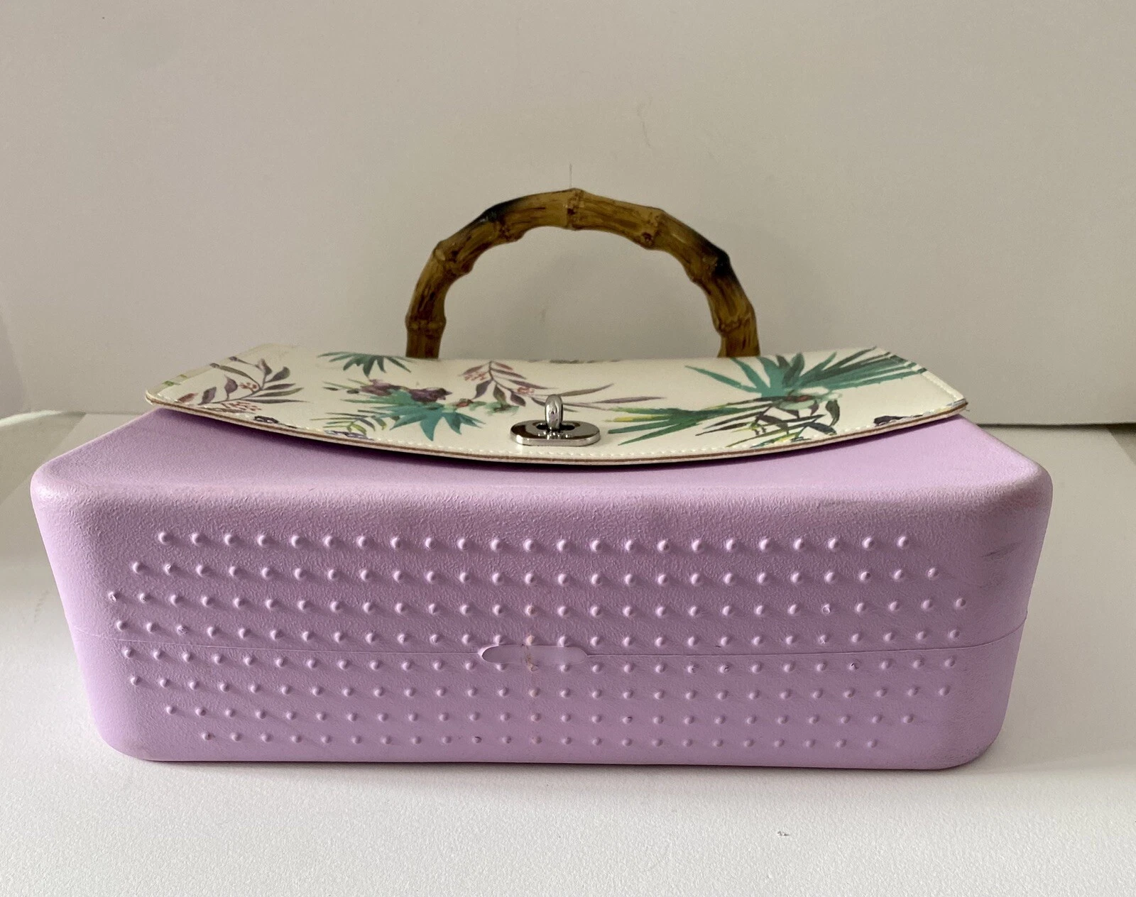 Obag O bag Purse Handbag Lavender And Floral Flap Clasp Faux Wooden Handle - O Bag