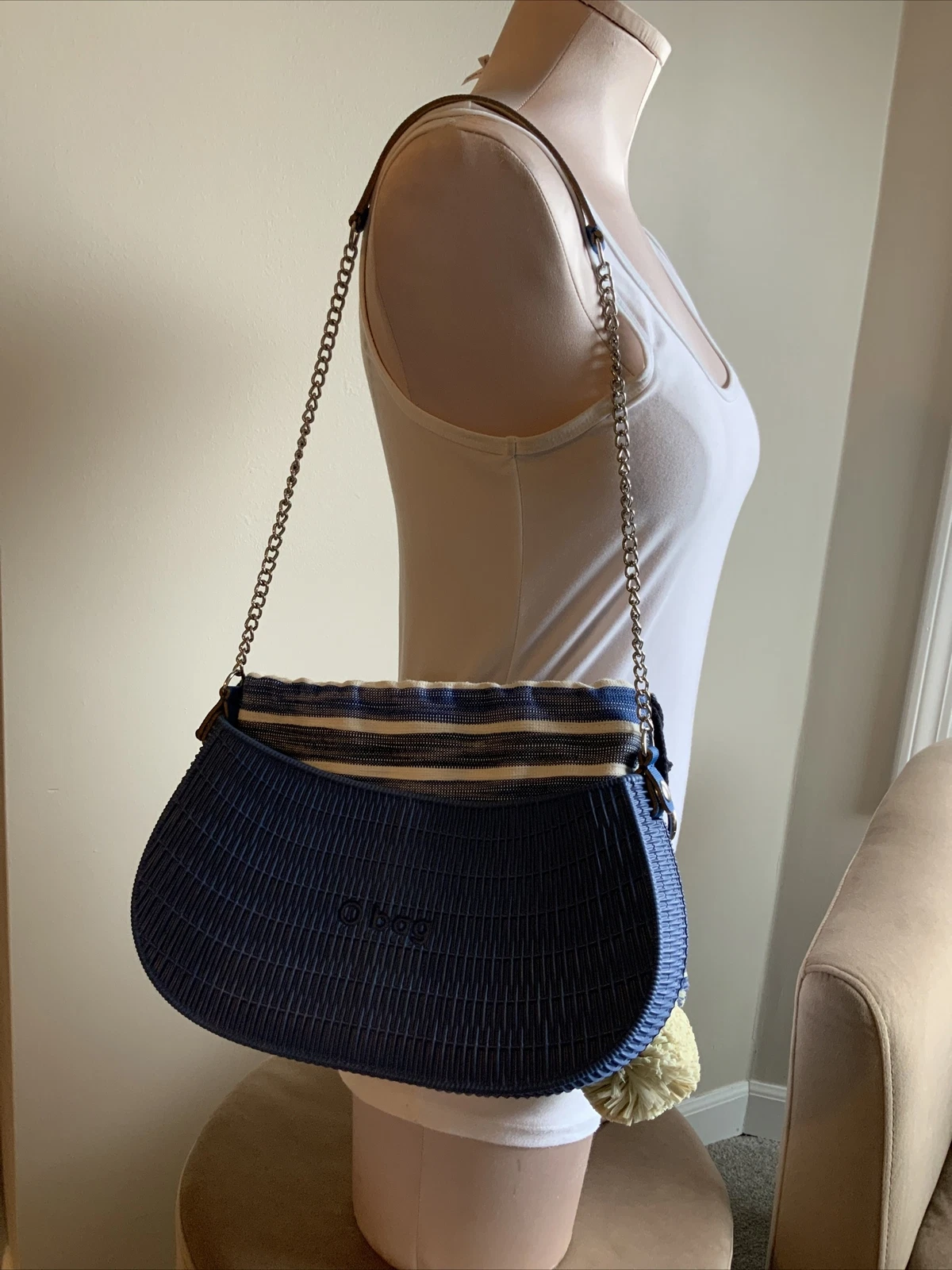 O Bag Made In Italy Rubber Shoulder Fabric Insert Chain Handle Blue Striped Flaw - O Bag