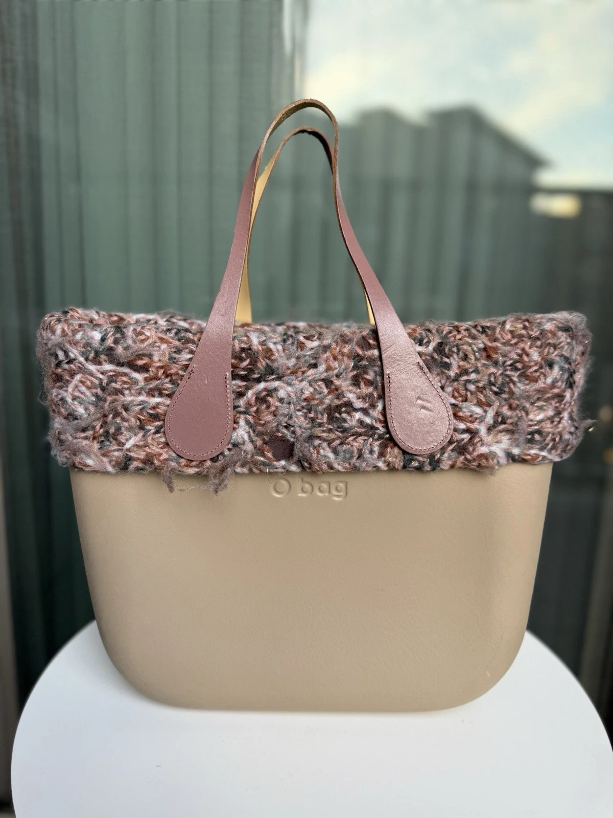 O Bag Beige Tote with Knit Tweed Top Trim & Pink Handles - O Bag