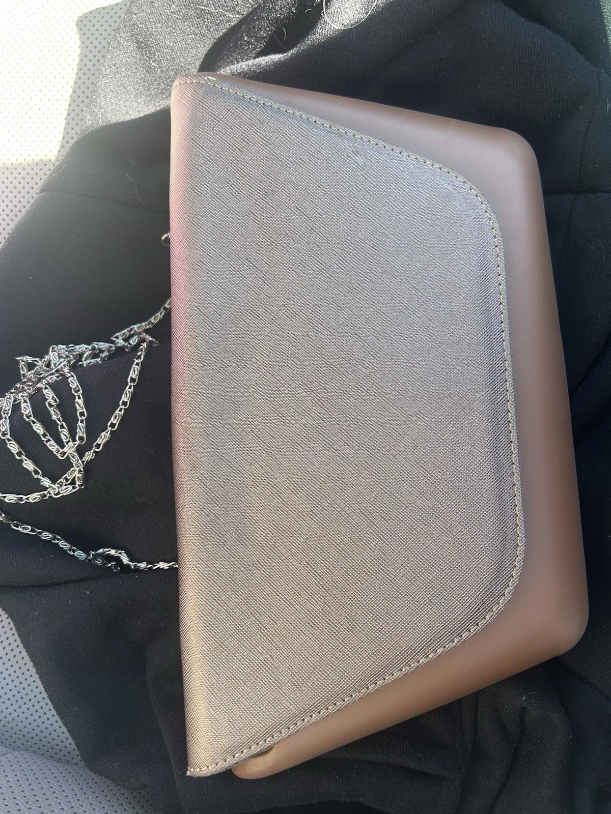 O bag Crossbody Purse Tan EVA Body w/Metallic Taupe Saffiano Flap Silver Strap - O Bag