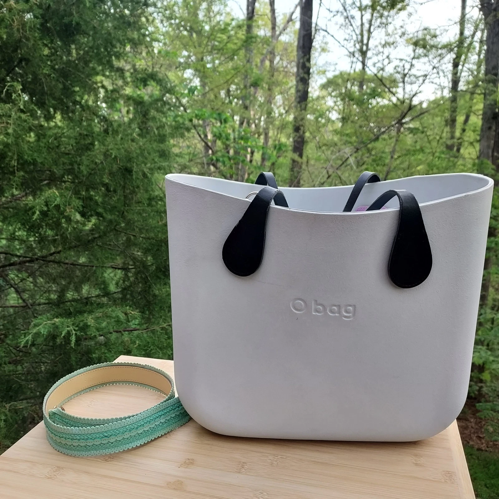 O BAG White With Green Shoulder Strap Beach Travel Lake Pool Durable Made Italy - O Bag