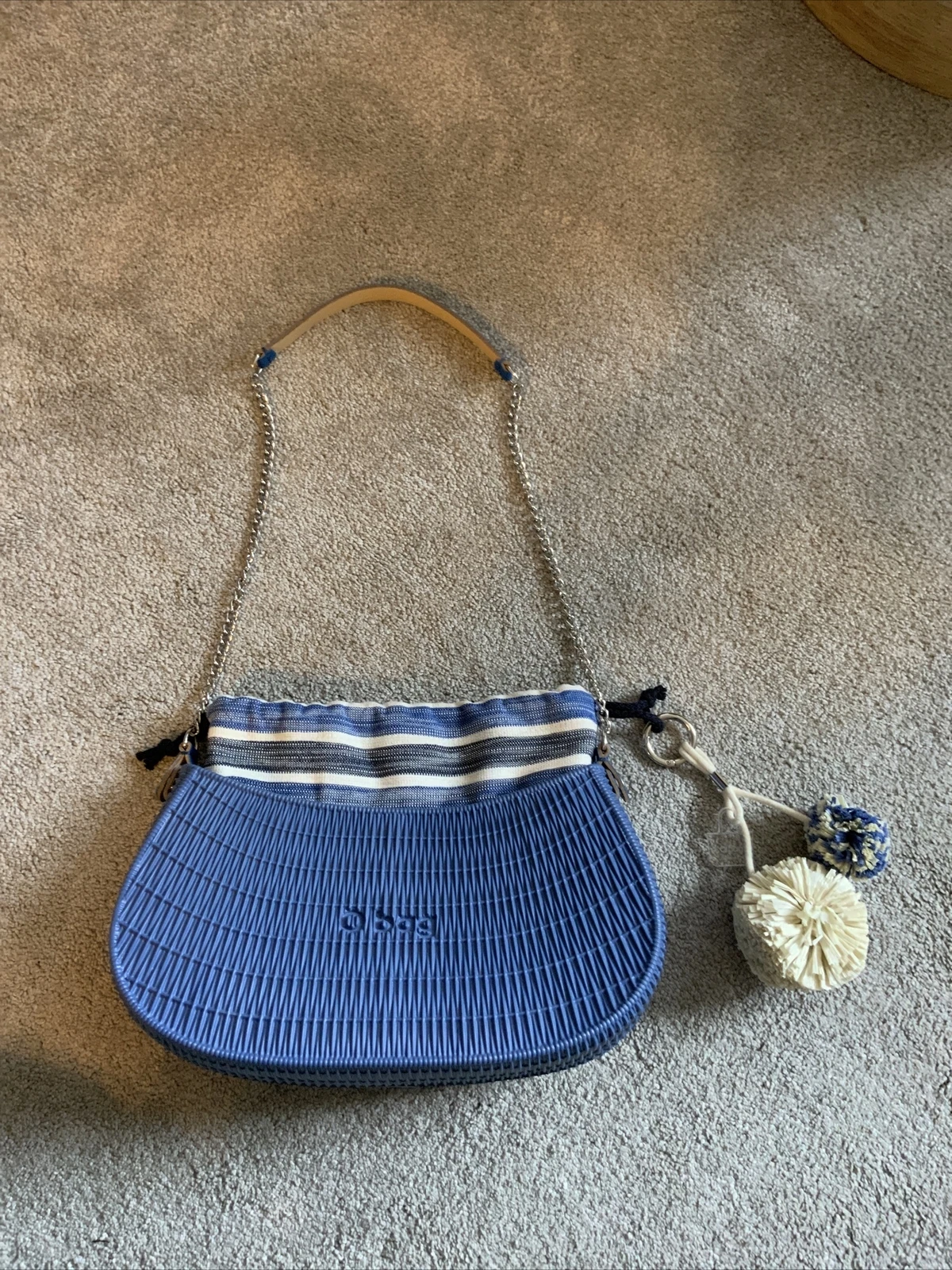 O Bag Made In Italy Rubber Shoulder Fabric Insert Chain Handle Blue Striped Flaw - O Bag