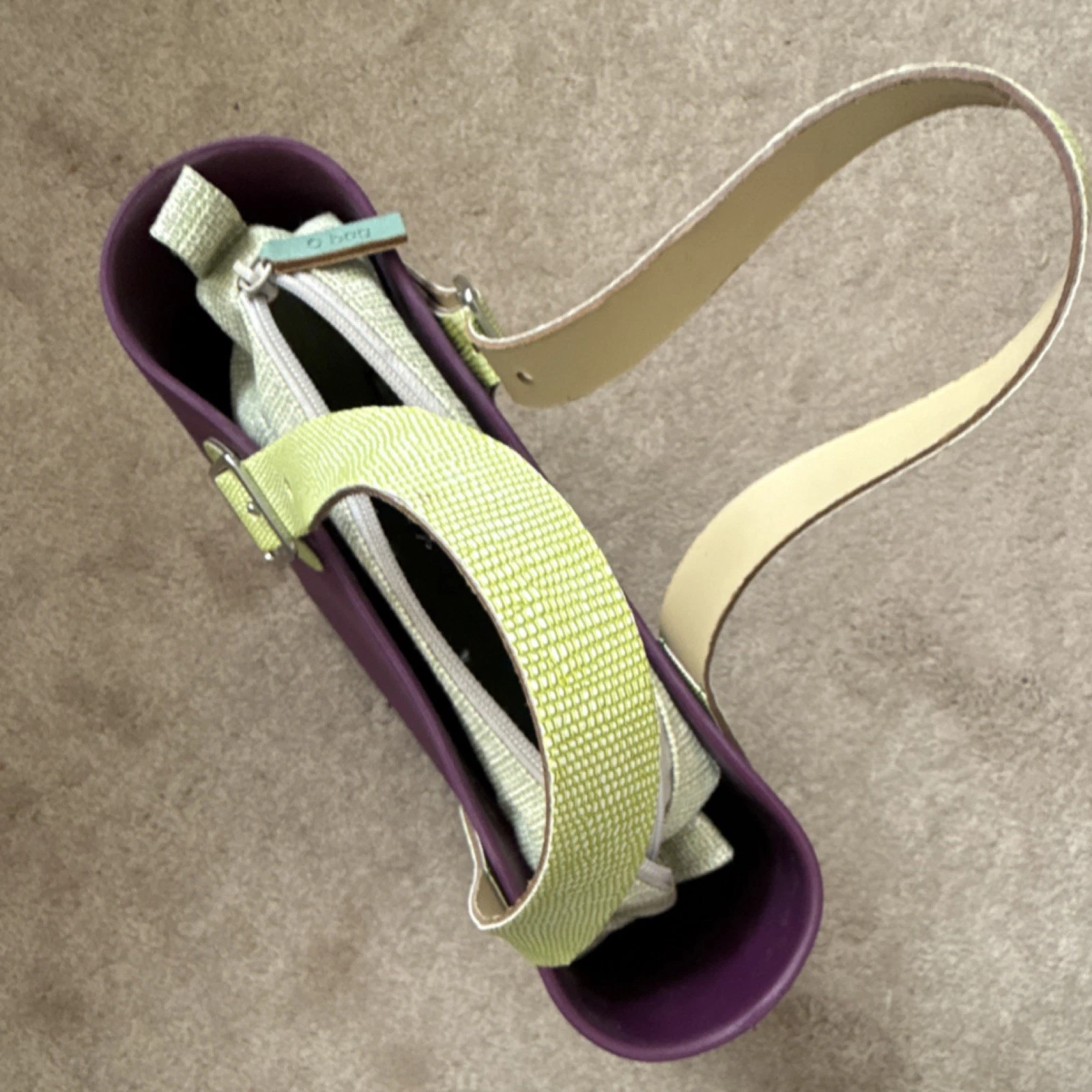 O bag Purple Large Tote with Light Green Leather Straps - O Bag