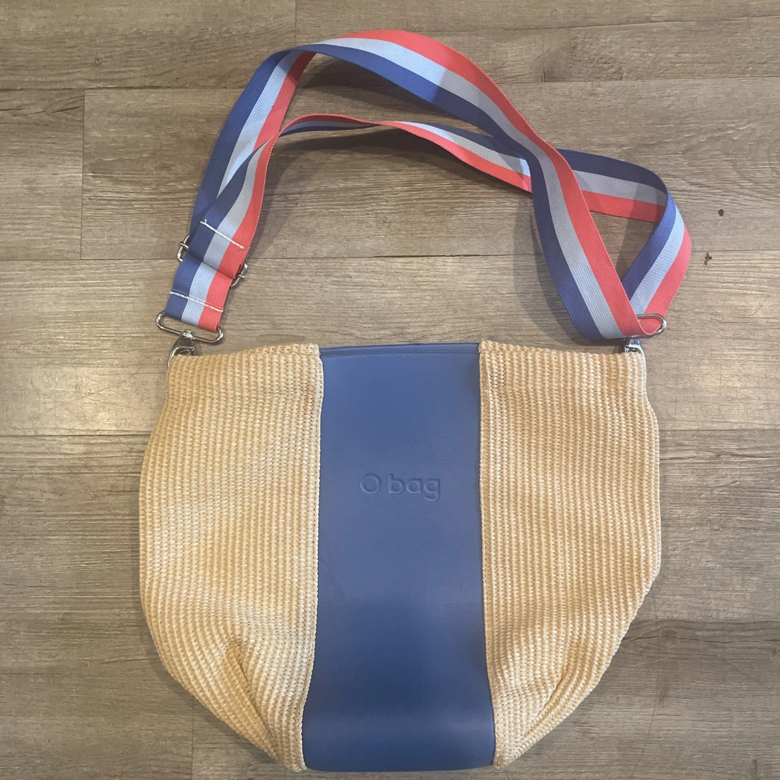Vtg Obag Italy Blue Striped Woven Crossbody Purse w/Red + Blue Straps 12” x 15” - O Bag