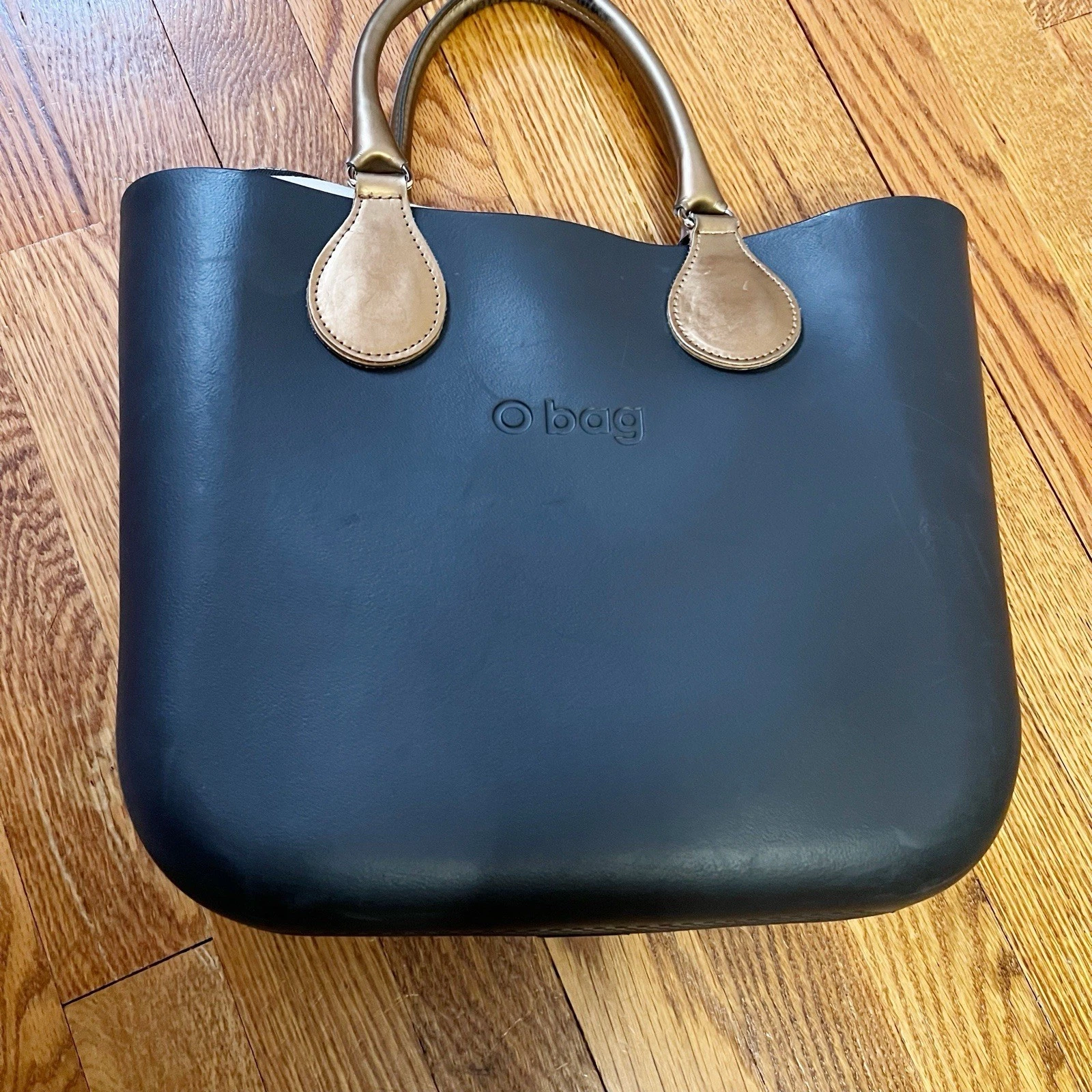 O bag Obag Italy Black/ Bronze Brown Handles Medium Hand Bag Striped Interior - O Bag