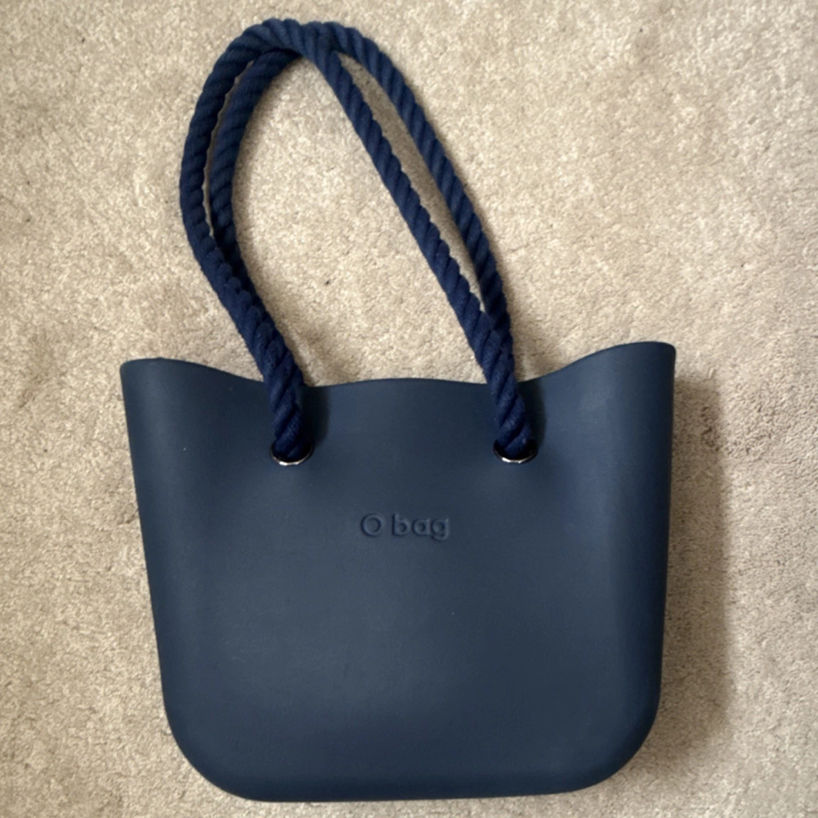 O bag Navy Blue Tote with Rope & Silver Handles, Detachable Strap, Zip, Lined - O Bag