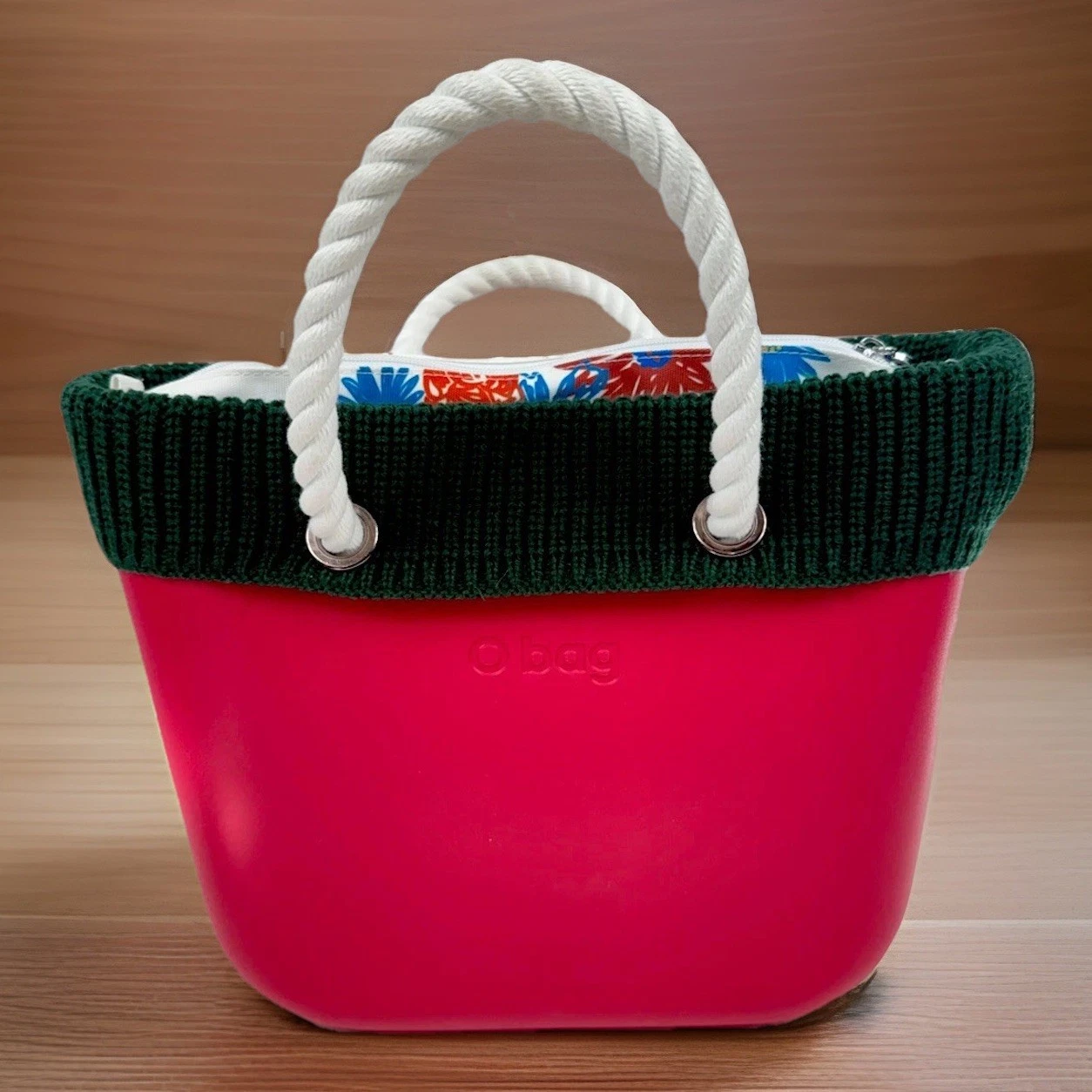 O Bag Mini Tote Bag Red w/Green Knit Trim & Floral Liner - O Bag