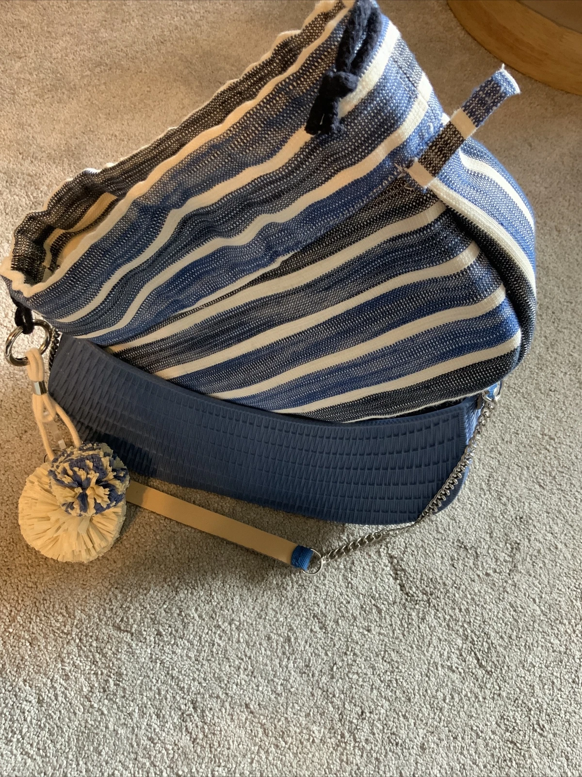 O Bag Made In Italy Rubber Shoulder Fabric Insert Chain Handle Blue Striped Flaw - O Bag