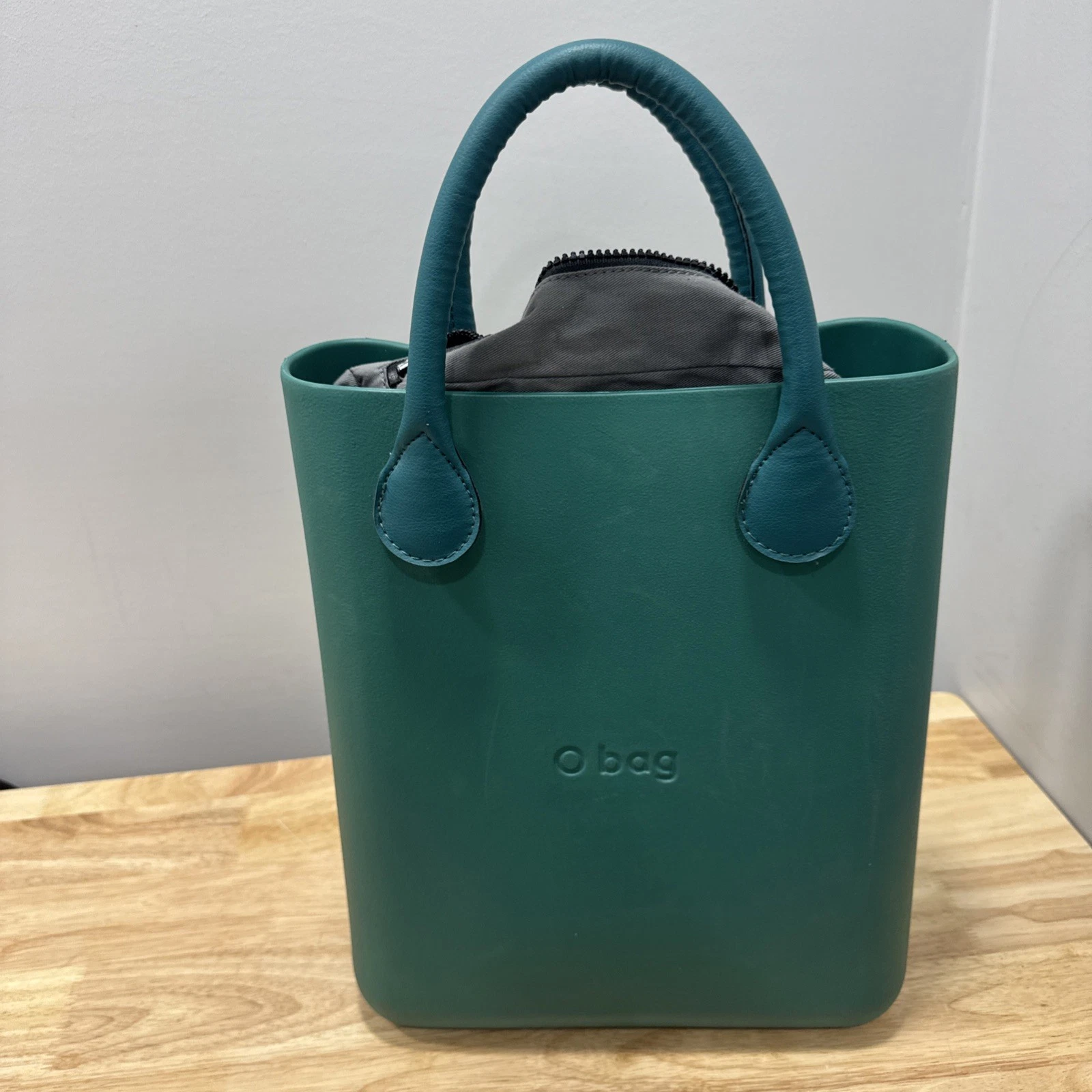 O bag Mini Teal Rubber Tote Handbag with Zip Liner Insert Italian Modern - O Bag