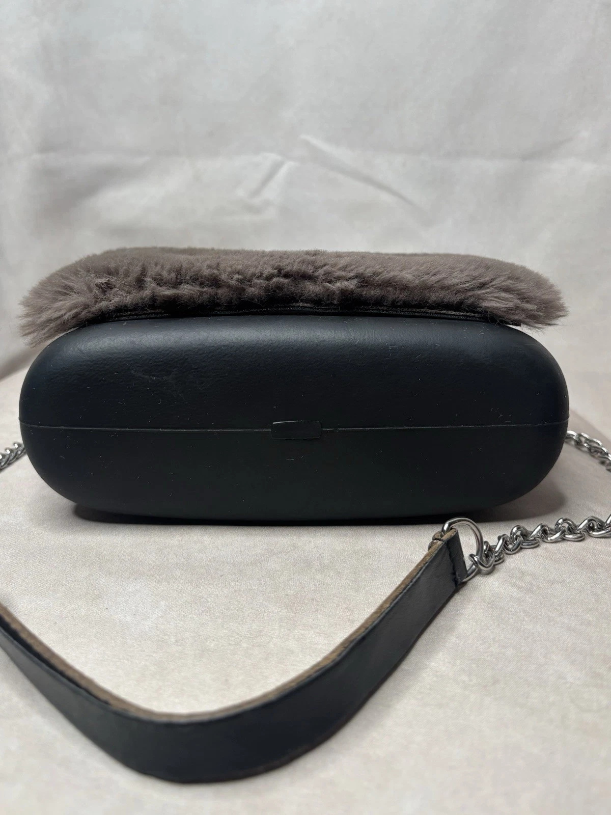 OBag Italy Faux Fur Mini Handbag Taupe Gray Blk Modular EVA Shell Chain Crossbod - O Bag