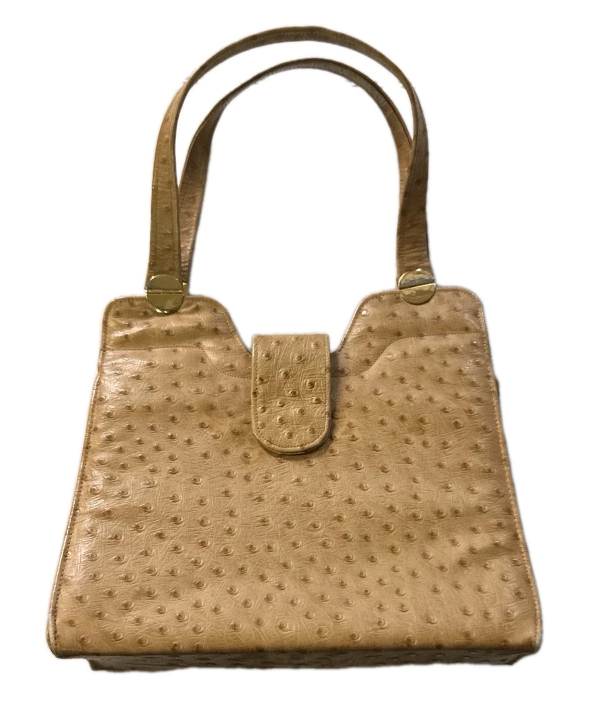 Vintage Lenox Tan Leather Embossed Circle Texture Bag F/O Clasp Two Pockets - O Bag