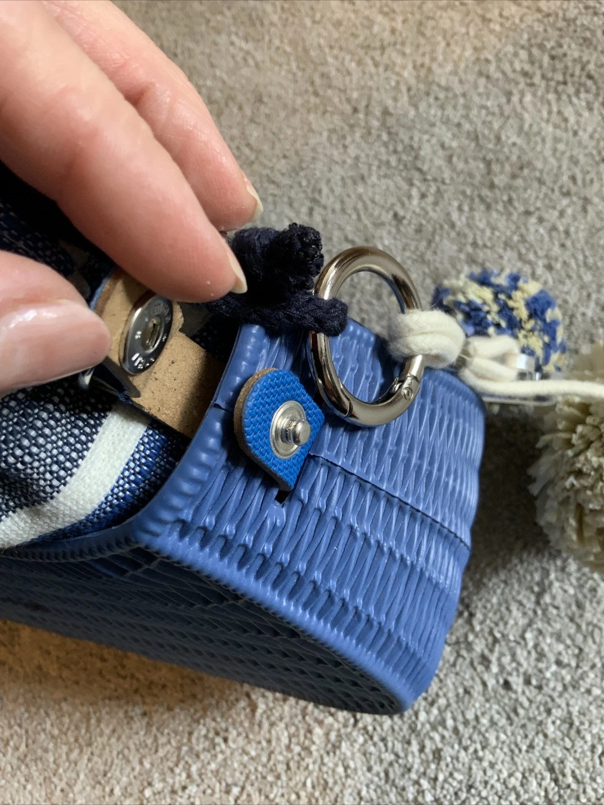 O Bag Made In Italy Rubber Shoulder Fabric Insert Chain Handle Blue Striped Flaw - O Bag