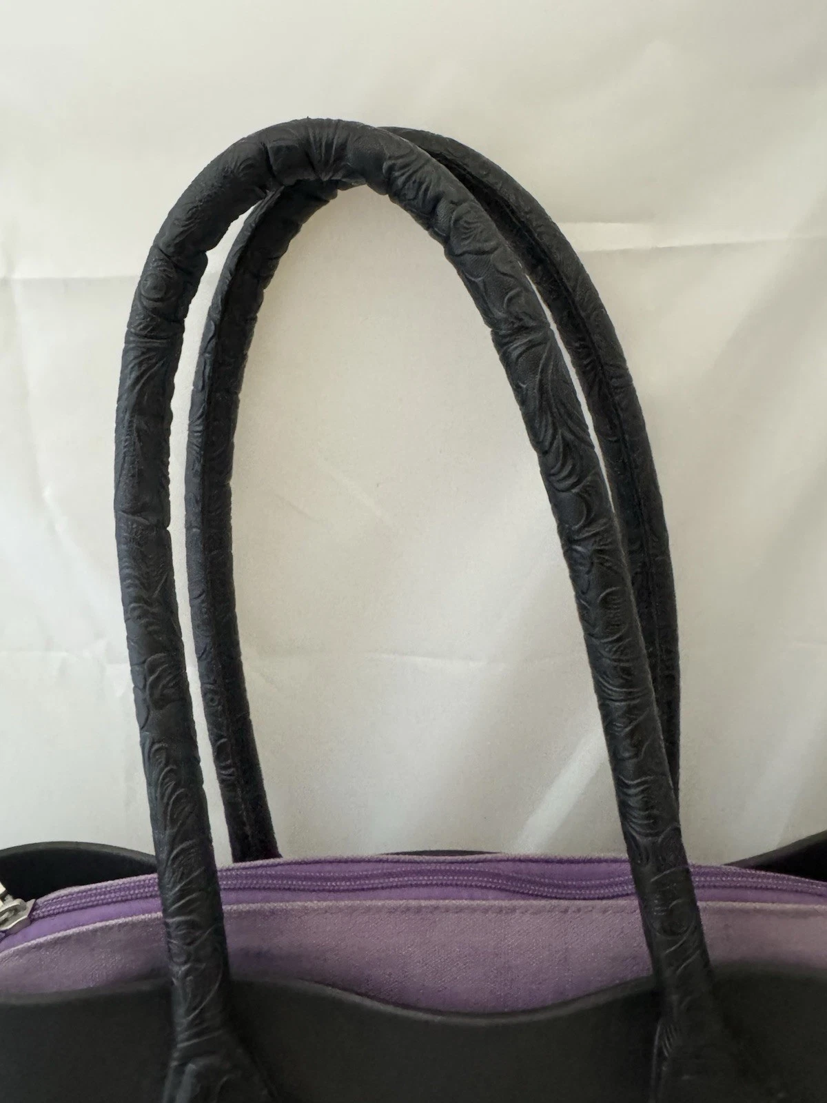 Black rubber O Bag w/ detachable purple liner, double tooled leather straps - O Bag