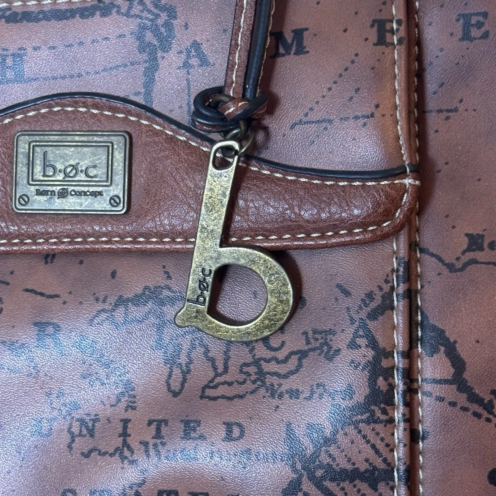 b.o.c. Brown Map Print Tote Shoulder Bag Large Zip Top Travel Work Purse - O Bag