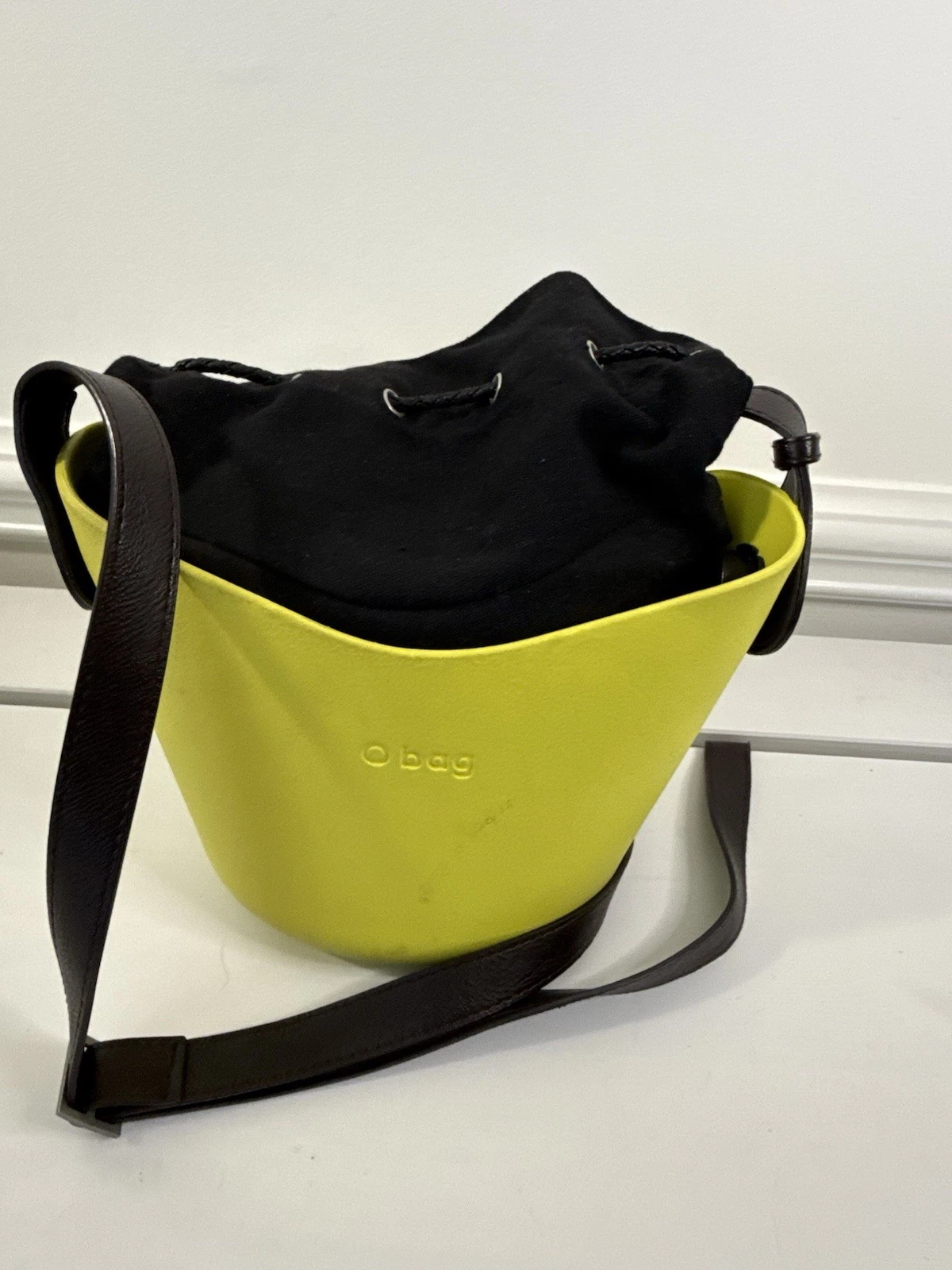 ✿ O bag Mini Bucket Bag Yellow Rubber Body Brown Leather Strap Crossbody Italy - O Bag