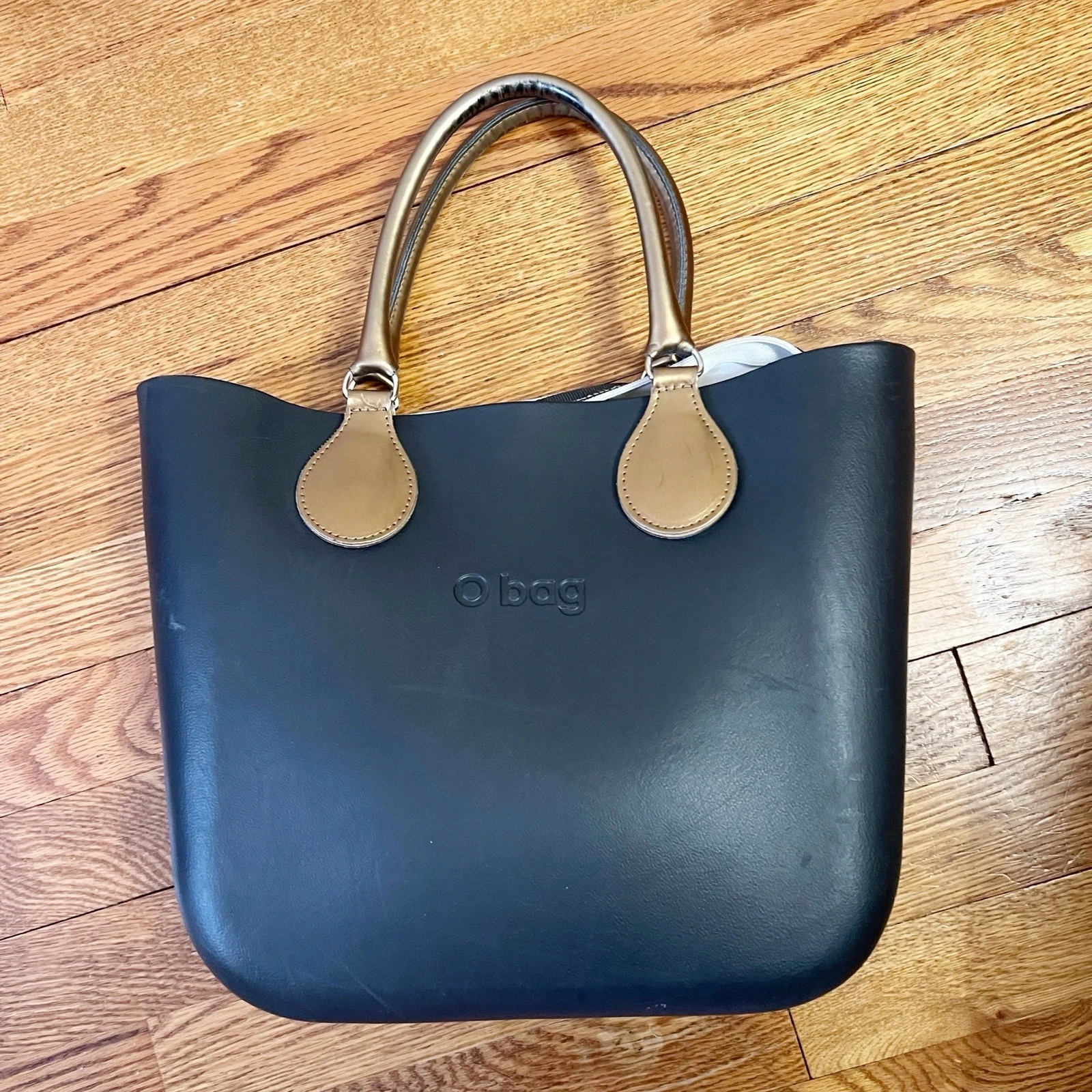 O bag Obag Italy Black/ Bronze Brown Handles Medium Hand Bag Striped Interior - O Bag