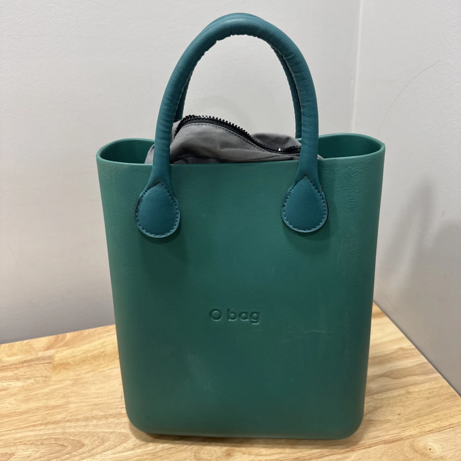 O bag Mini Teal Rubber Tote Handbag with Zip Liner Insert Italian Modern - O Bag