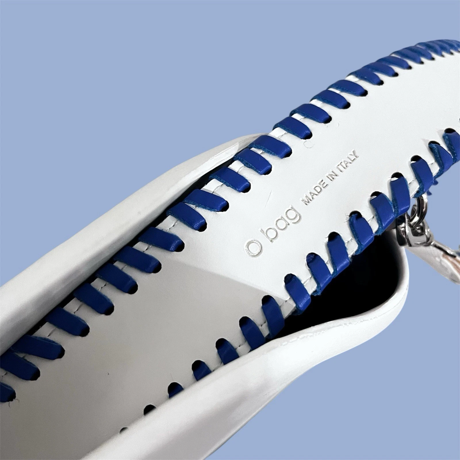 O bag Classic White Shell Blue Handles Liner Whipstitch Strap Modular Italy - O Bag