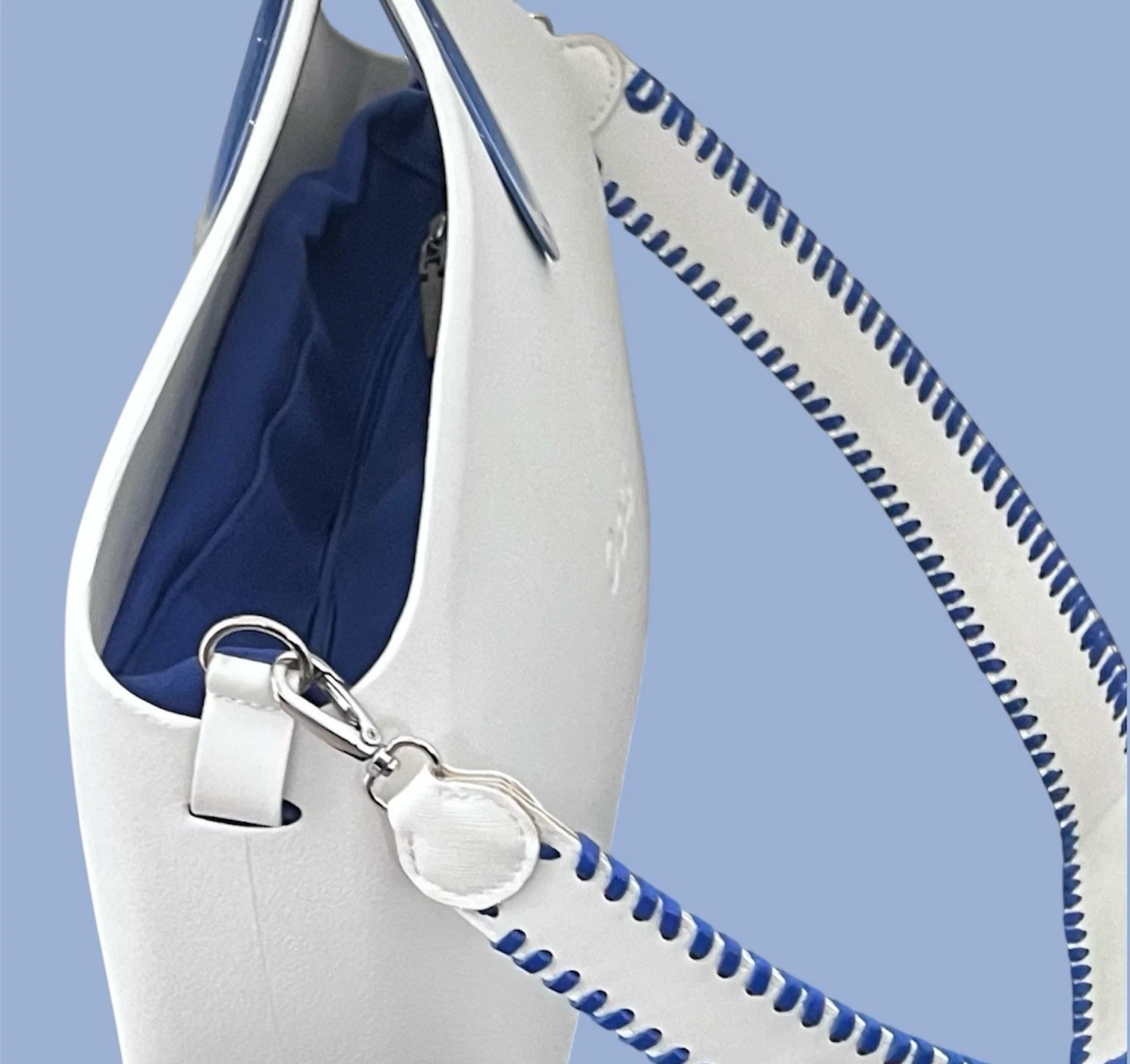O bag Classic White Shell Blue Handles Liner Whipstitch Strap Modular Italy - O Bag