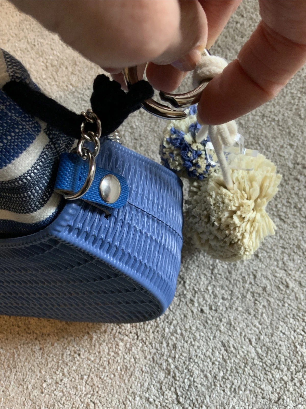 O Bag Made In Italy Rubber Shoulder Fabric Insert Chain Handle Blue Striped Flaw - O Bag