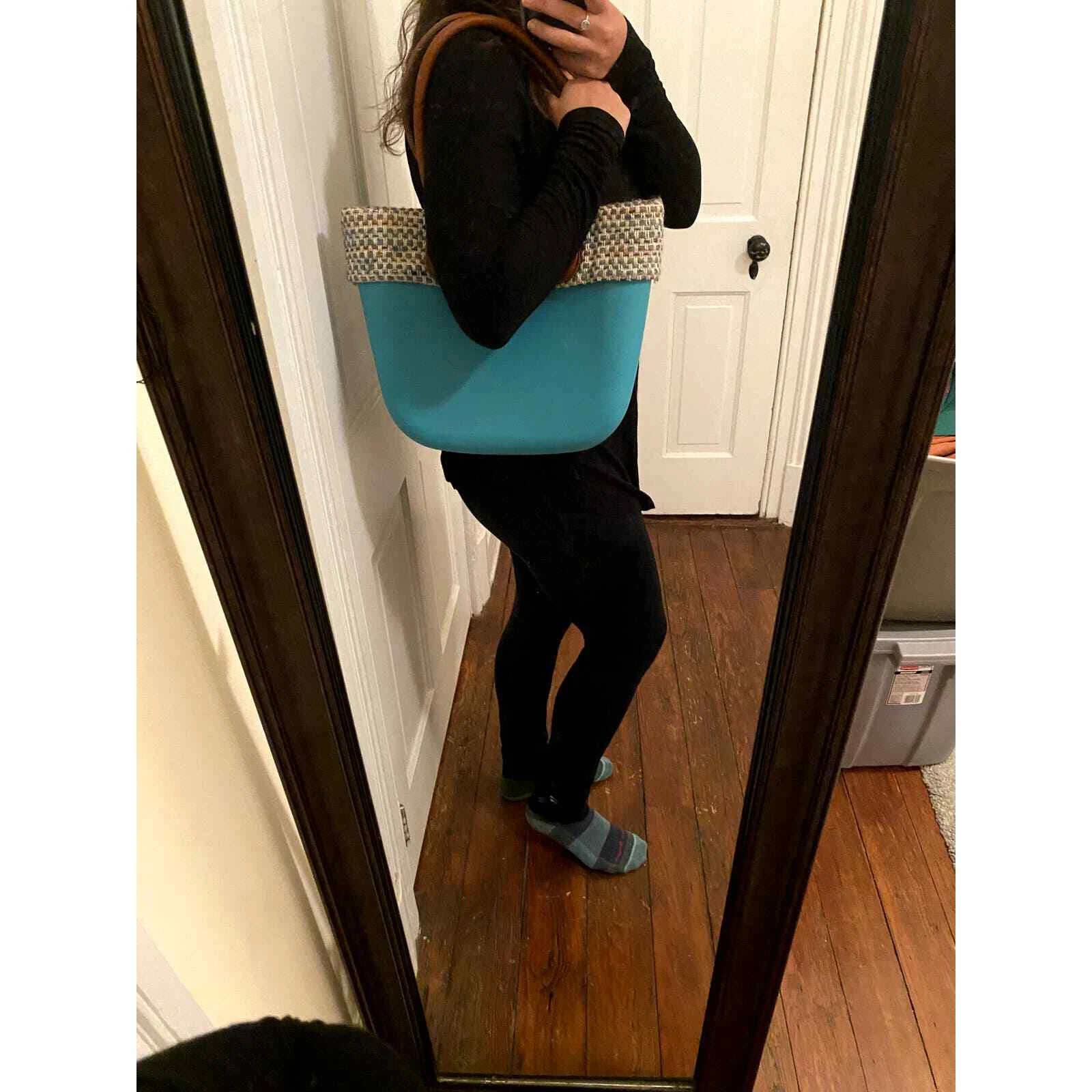 Italian O Bag TEAL with Plaid trim and Leather Handles - O Bag