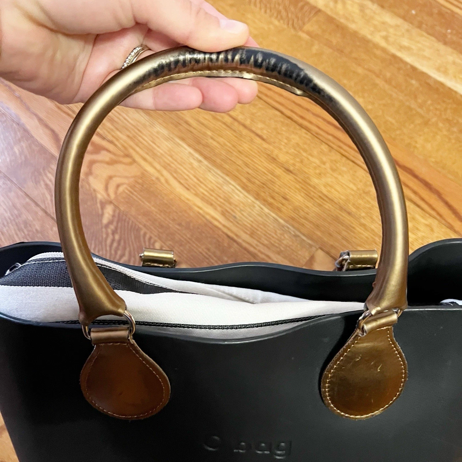 O bag Obag Italy Black/ Bronze Brown Handles Medium Hand Bag Striped Interior - O Bag