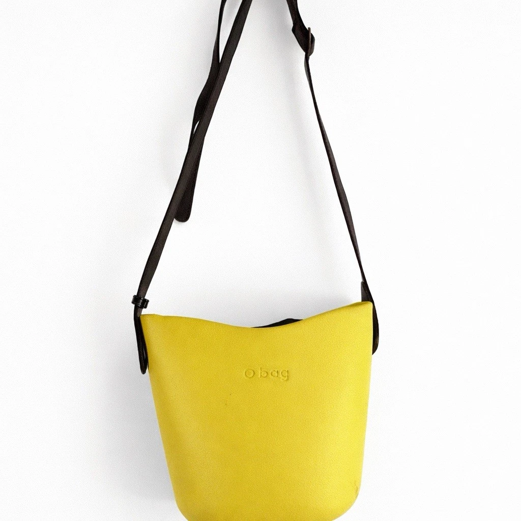 ✿ O bag Mini Bucket Bag Yellow Rubber Body Brown Leather Strap Crossbody Italy - O Bag