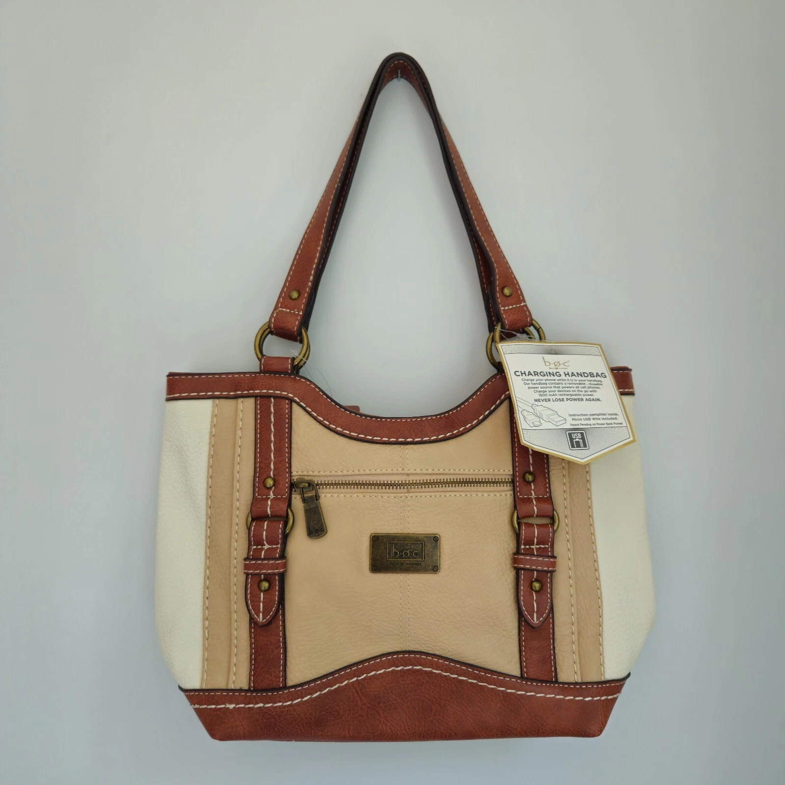 B.O.C. Crocket Power Tulip Brown Cream Tan Vegan Leather Purse Handbag - O Bag