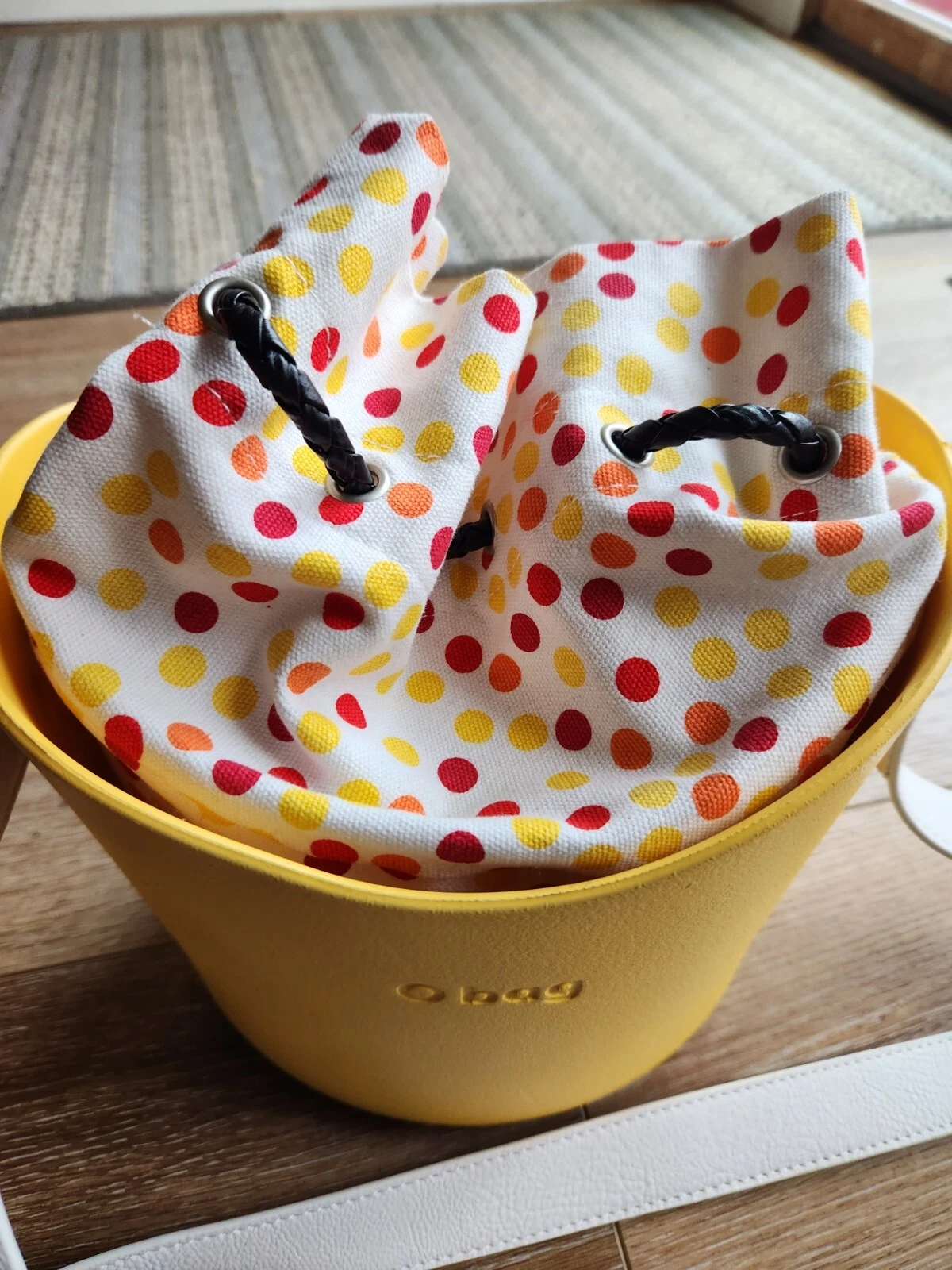 OBAG ITALY RARE Compound Bucket Basket Tote Crossbody Bag Yellow Polka Dot Liner - O Bag