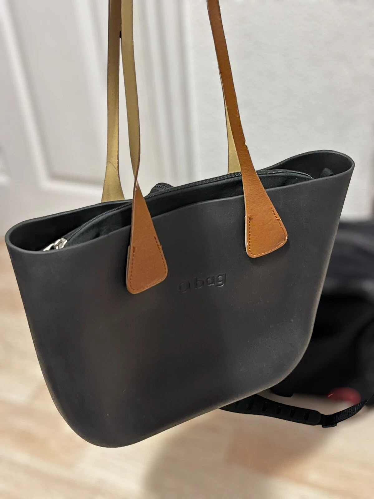 O Bag Italy Black Tote Rubber Canvas Insert Brown Faux Leather Handles - O Bag