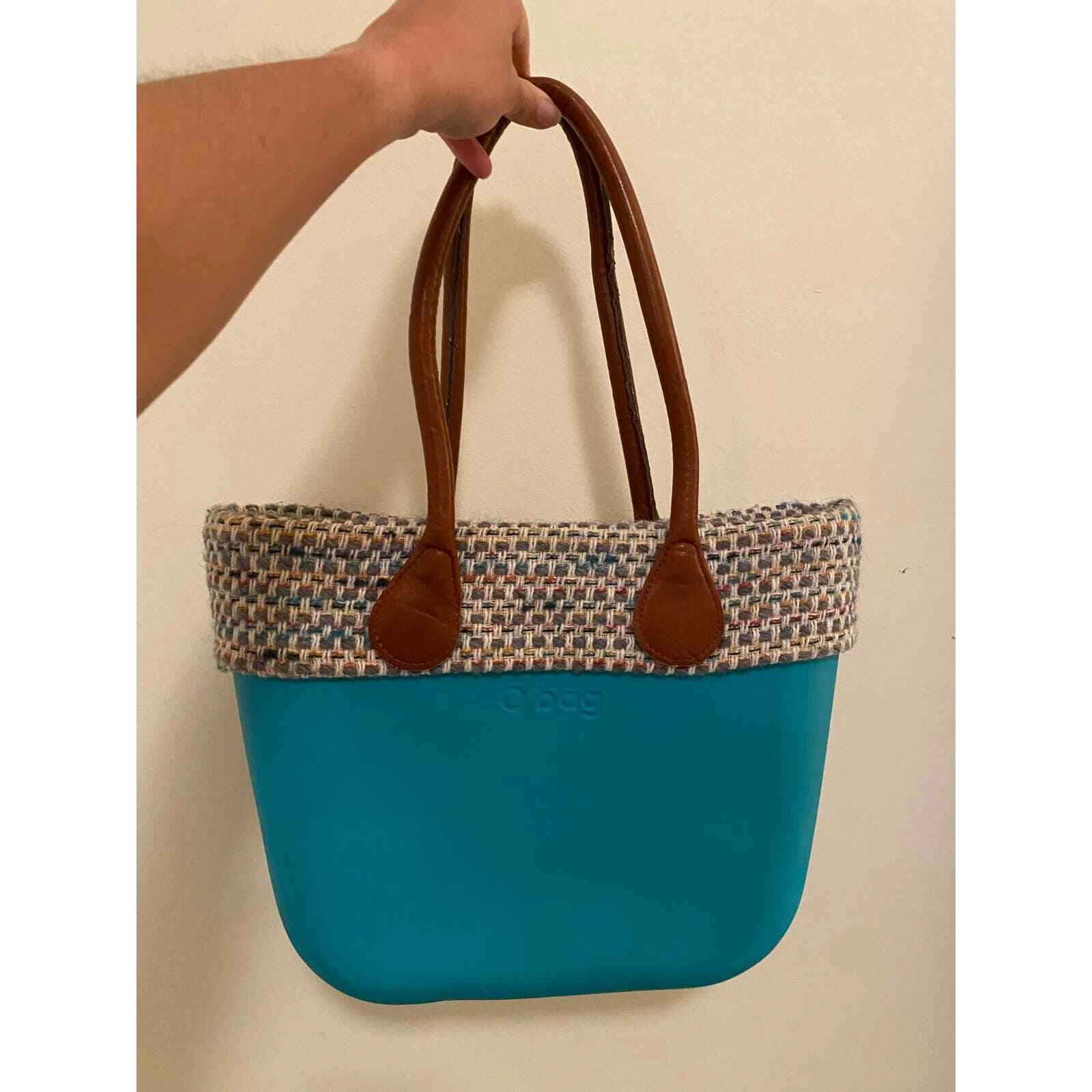 Italian O Bag TEAL with Plaid trim and Leather Handles - O Bag