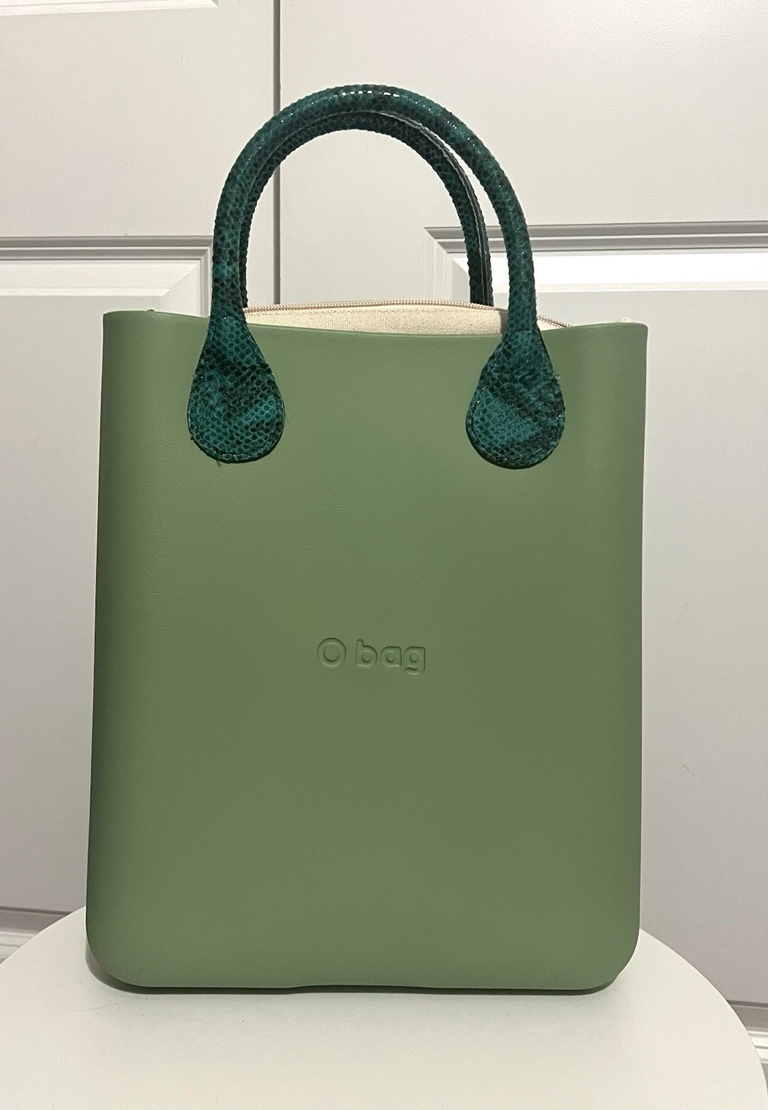 O bag Matcha Green W/ Blue Reptile Handles & Canvas Lining - O Bag