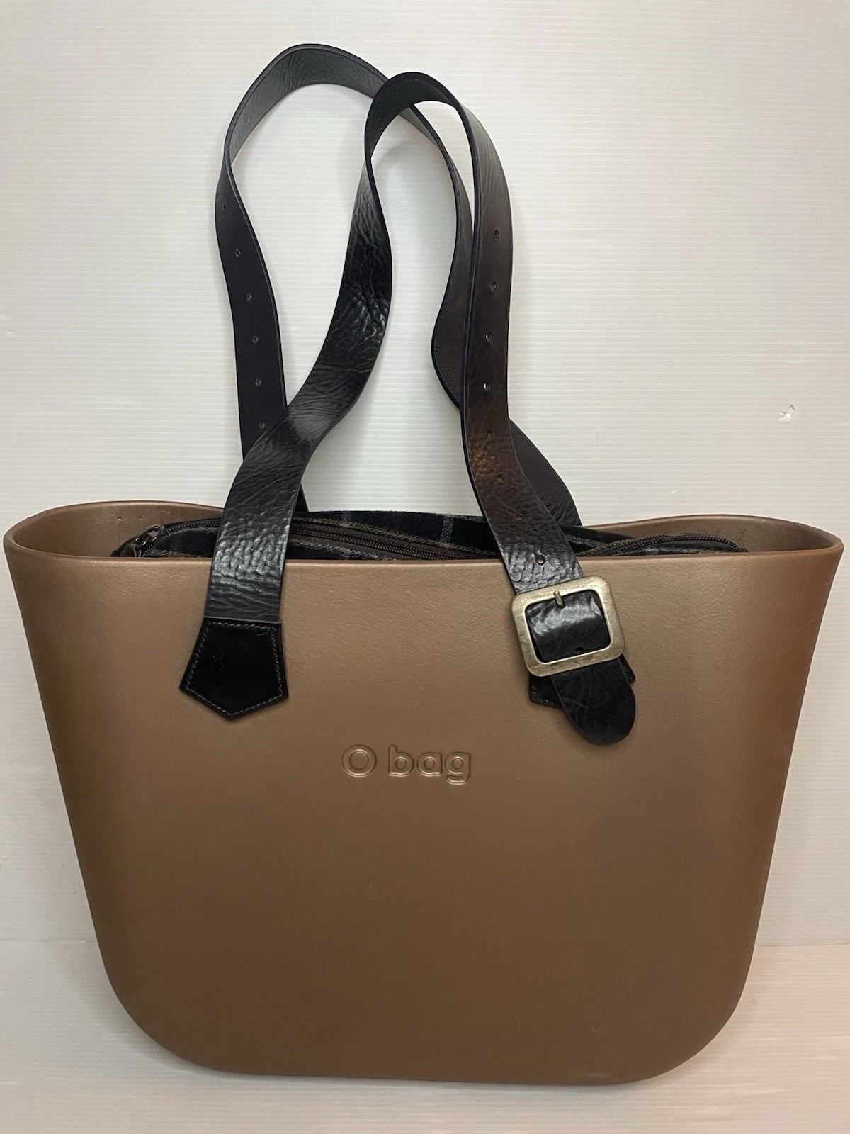 O Bag Italy Tan With Black Leather Straps Plaid Felt Liner Large Tote Bag - O Bag