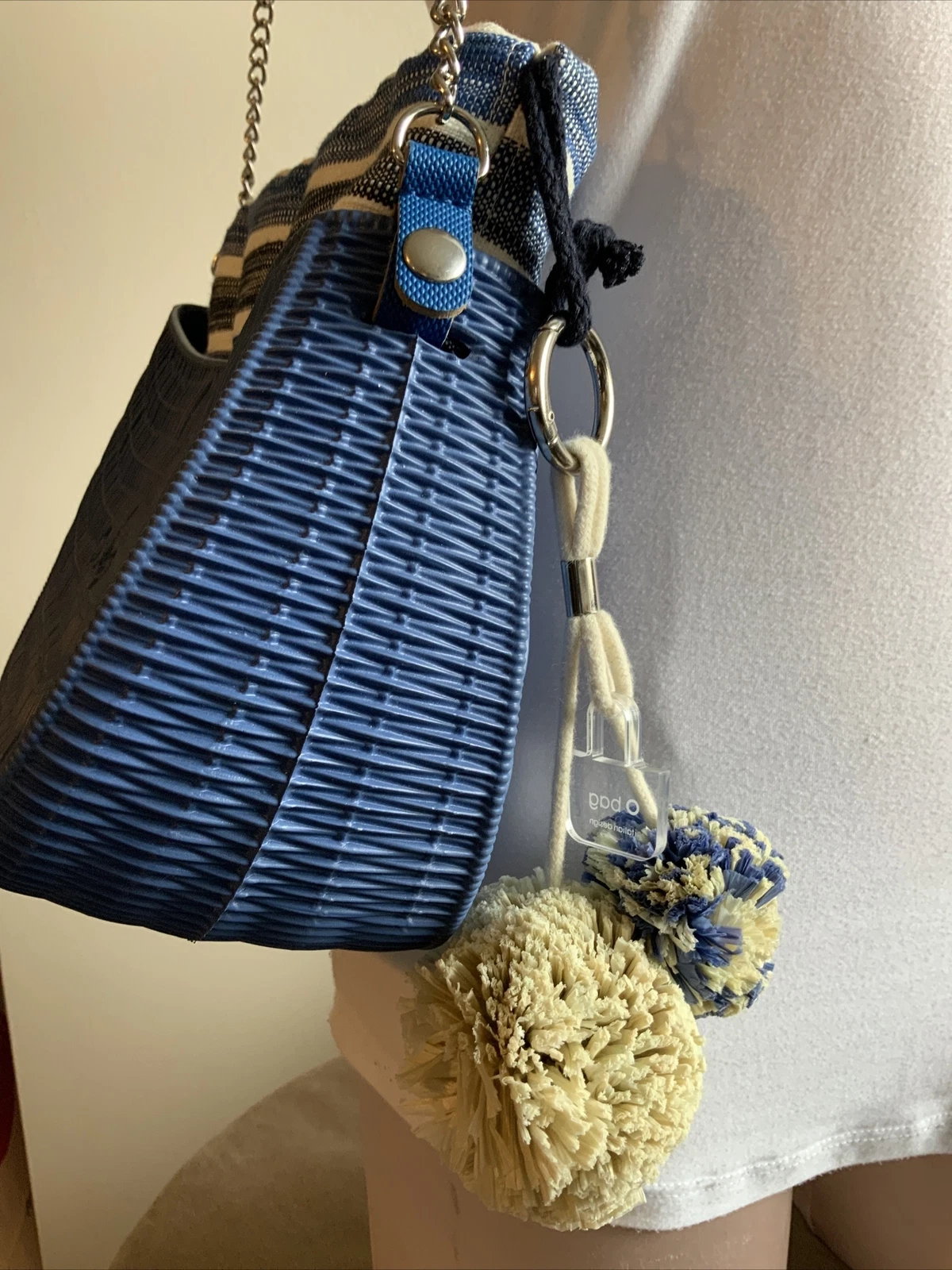 O Bag Made In Italy Rubber Shoulder Fabric Insert Chain Handle Blue Striped Flaw - O Bag