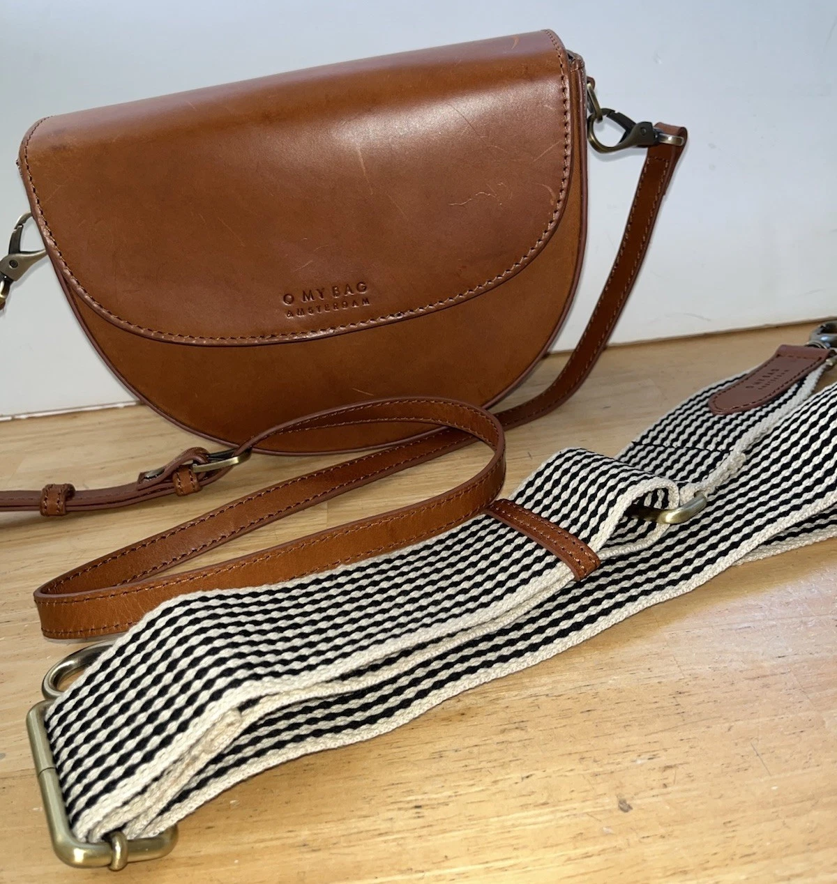 O My Bag Amsterdam AVA Cognac Leather Crossbody Saddle Bag Purse w/ 2 Straps EUC - O Bag