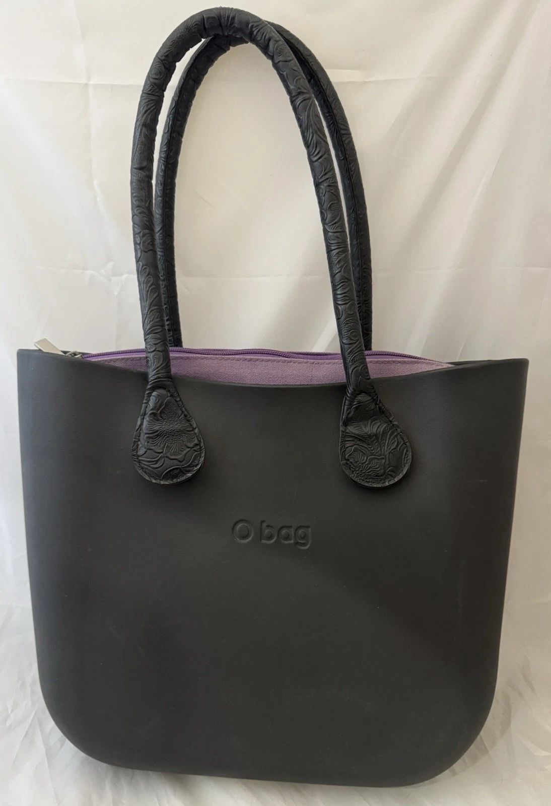 Black rubber O Bag w/ detachable purple liner, double tooled leather straps - O Bag