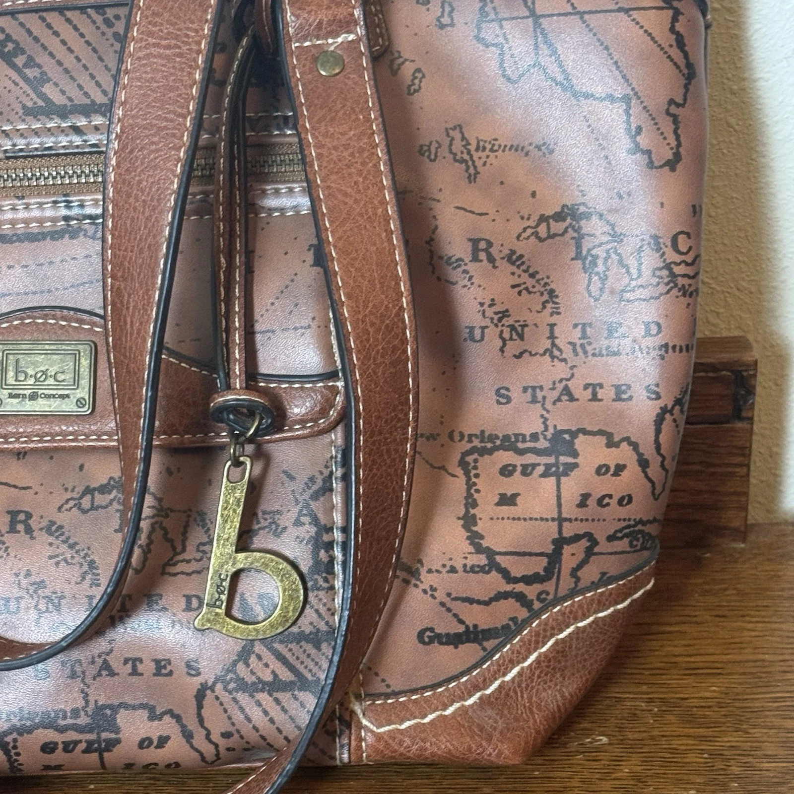 b.o.c. Brown Map Print Tote Shoulder Bag Large Zip Top Travel Work Purse - O Bag