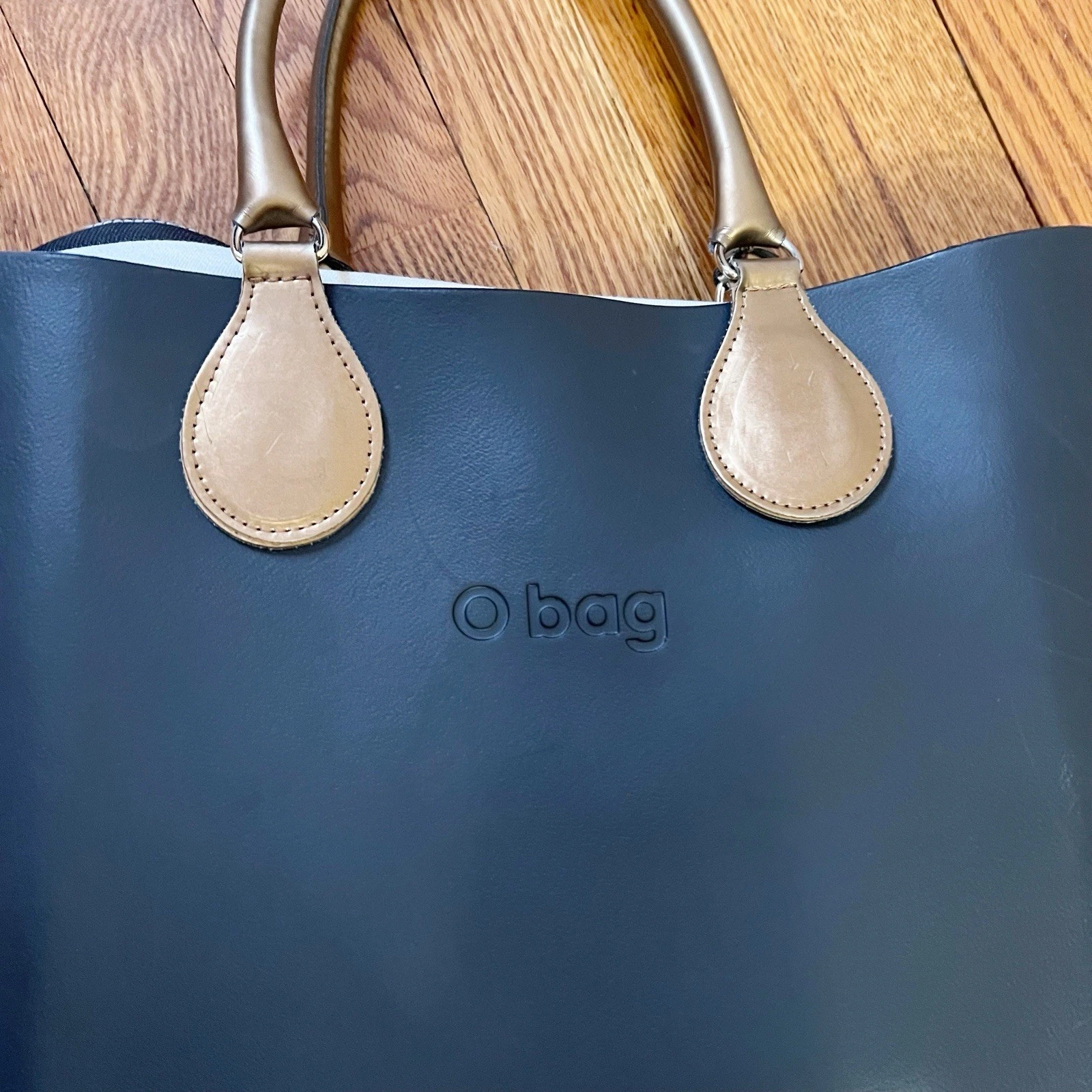 O bag Obag Italy Black/ Bronze Brown Handles Medium Hand Bag Striped Interior - O Bag