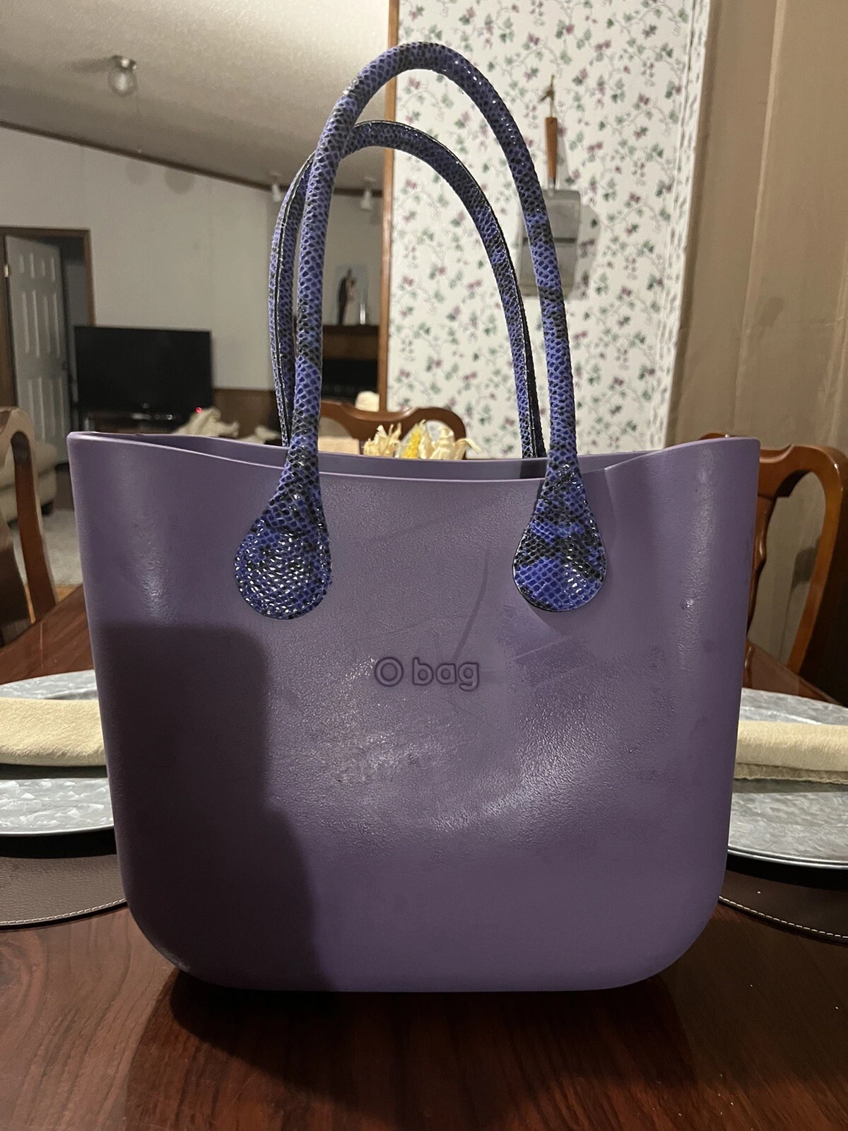 O Bag Gray Purple Handbag Made in Italy With Snake Print Handles. No Lining. - O Bag