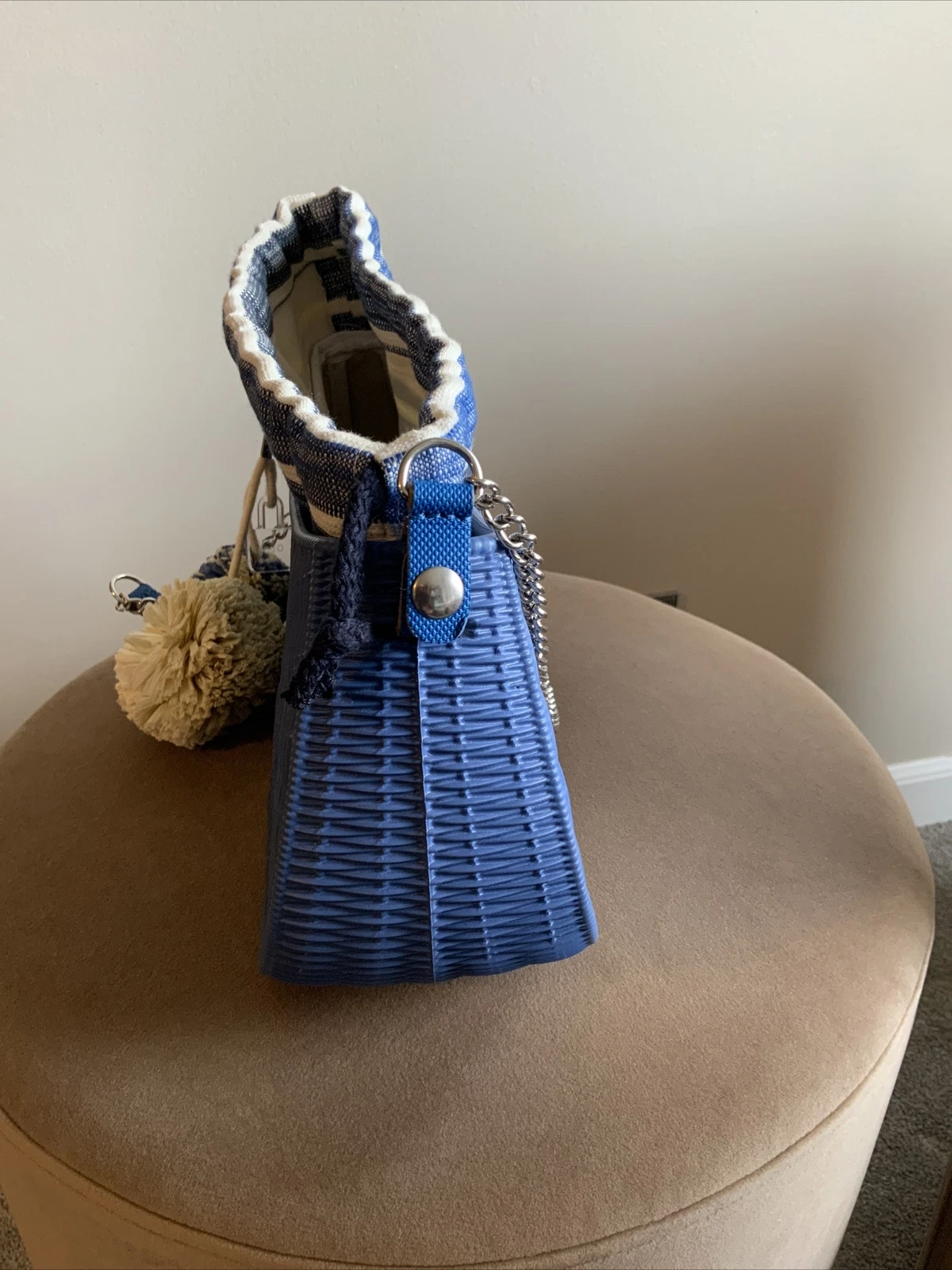 O Bag Made In Italy Rubber Shoulder Fabric Insert Chain Handle Blue Striped Flaw - O Bag