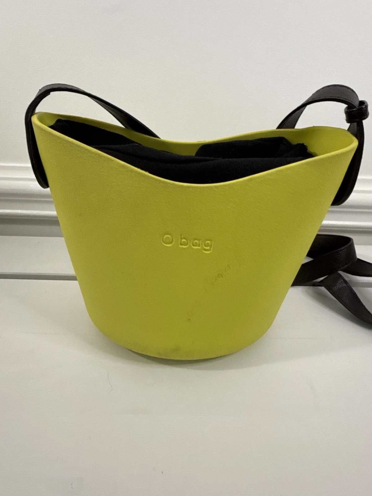 ✿ O bag Mini Bucket Bag Yellow Rubber Body Brown Leather Strap Crossbody Italy - O Bag