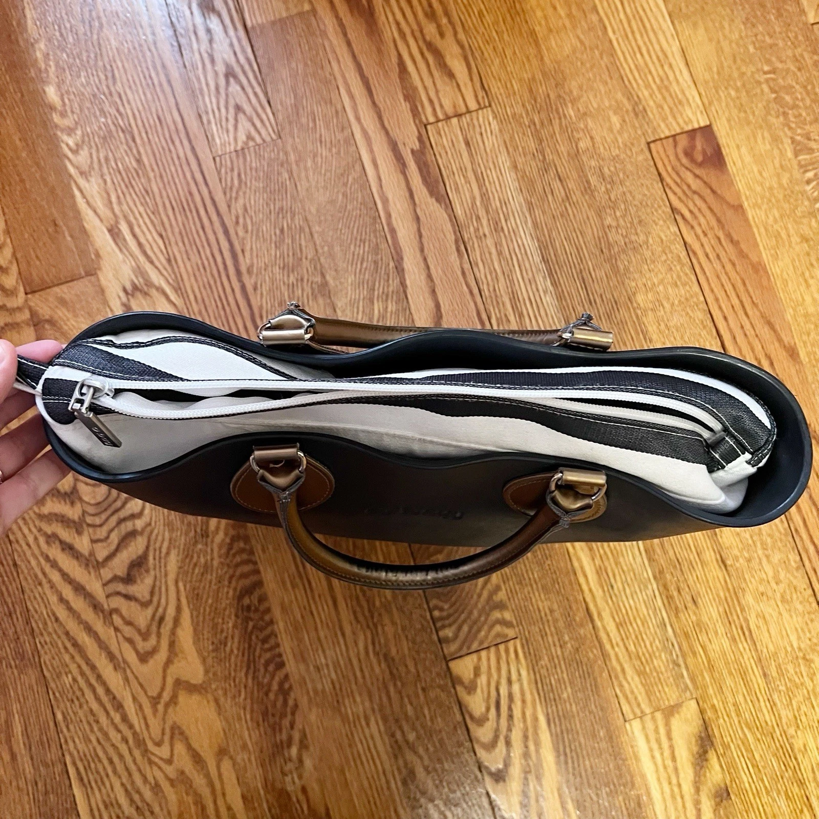 O bag Obag Italy Black/ Bronze Brown Handles Medium Hand Bag Striped Interior - O Bag