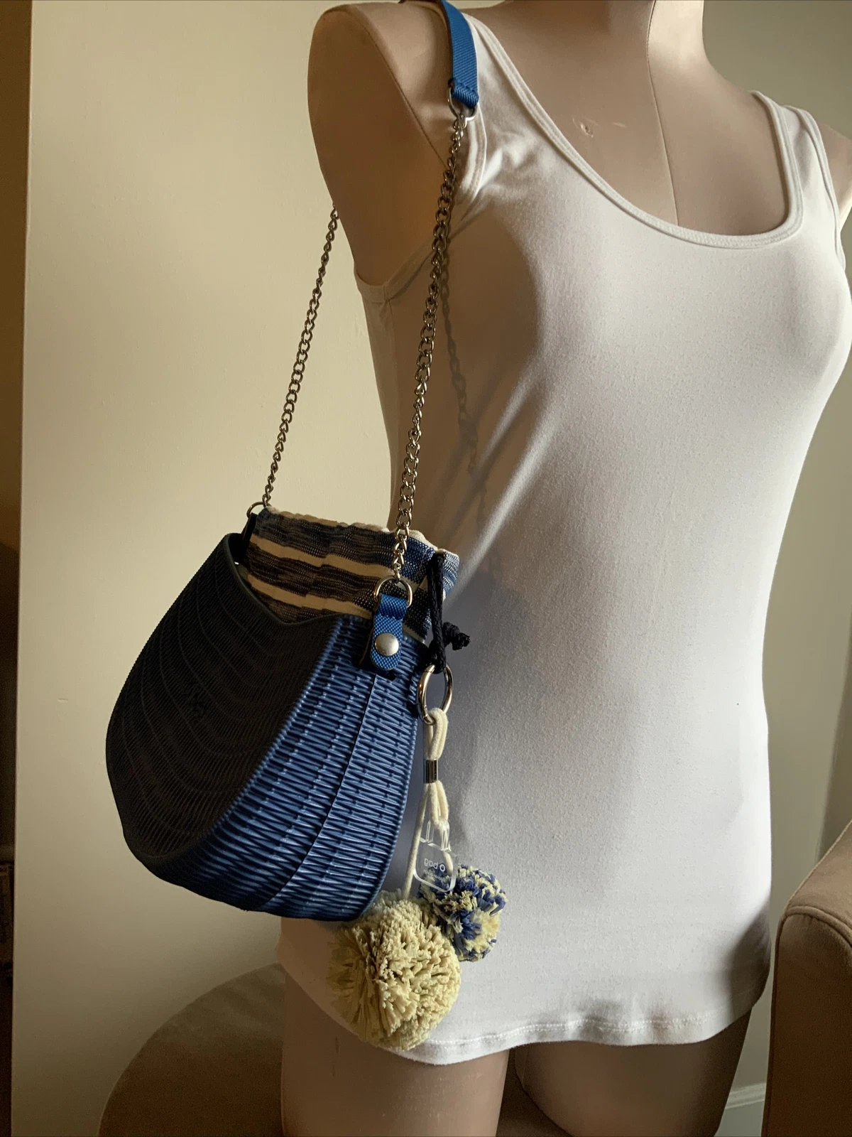 O Bag Made In Italy Rubber Shoulder Fabric Insert Chain Handle Blue Striped Flaw - O Bag