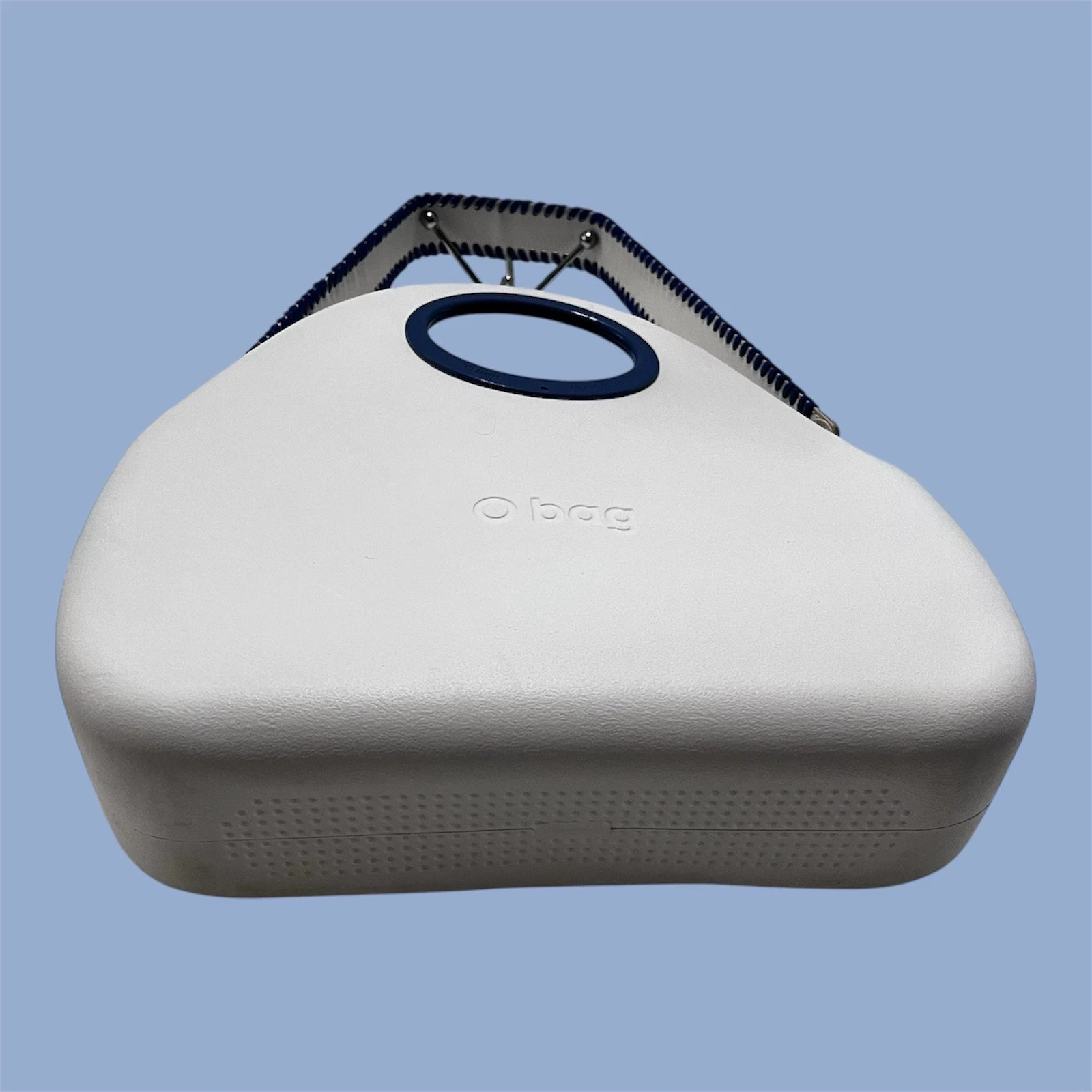 O bag Classic White Shell Blue Handles Liner Whipstitch Strap Modular Italy - O Bag