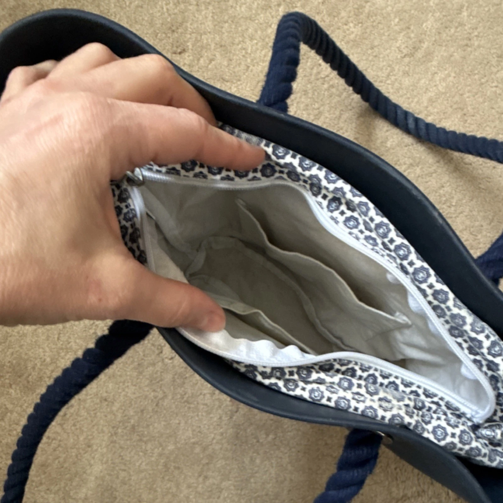 O bag Navy Blue Tote with Rope & Silver Handles, Detachable Strap, Zip, Lined - O Bag