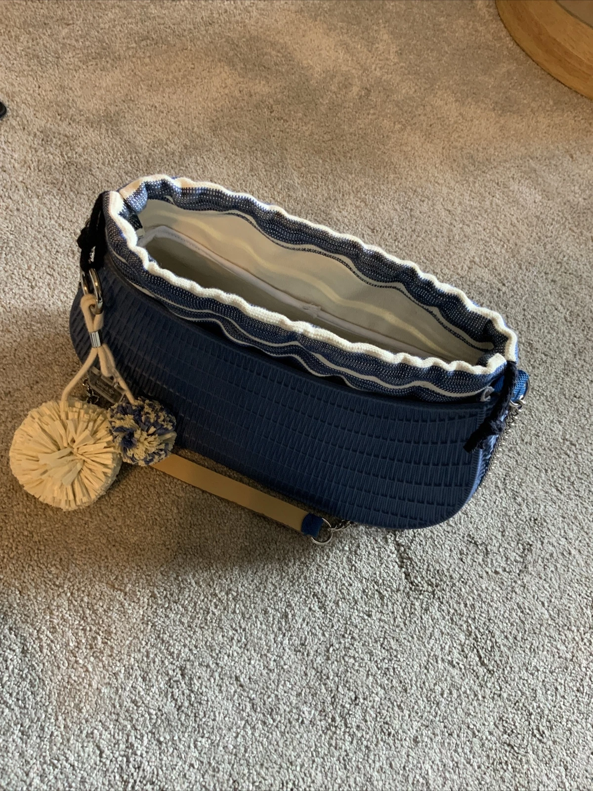 O Bag Made In Italy Rubber Shoulder Fabric Insert Chain Handle Blue Striped Flaw - O Bag