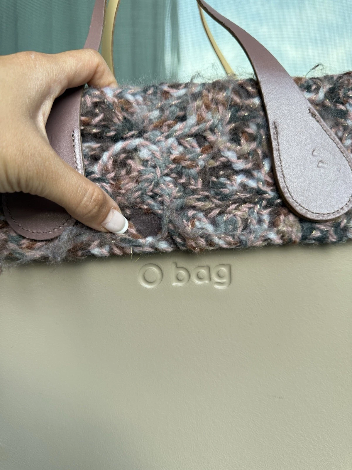 O Bag Beige Tote with Knit Tweed Top Trim & Pink Handles - O Bag