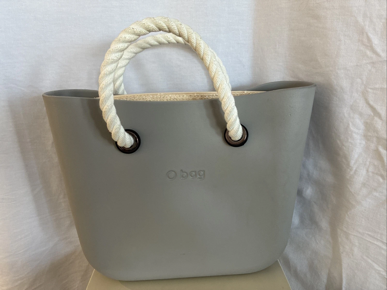 Gray O Bag Classic Lightweight Zip Top Tote Bag Rope Handles With Dust Bag - O Bag